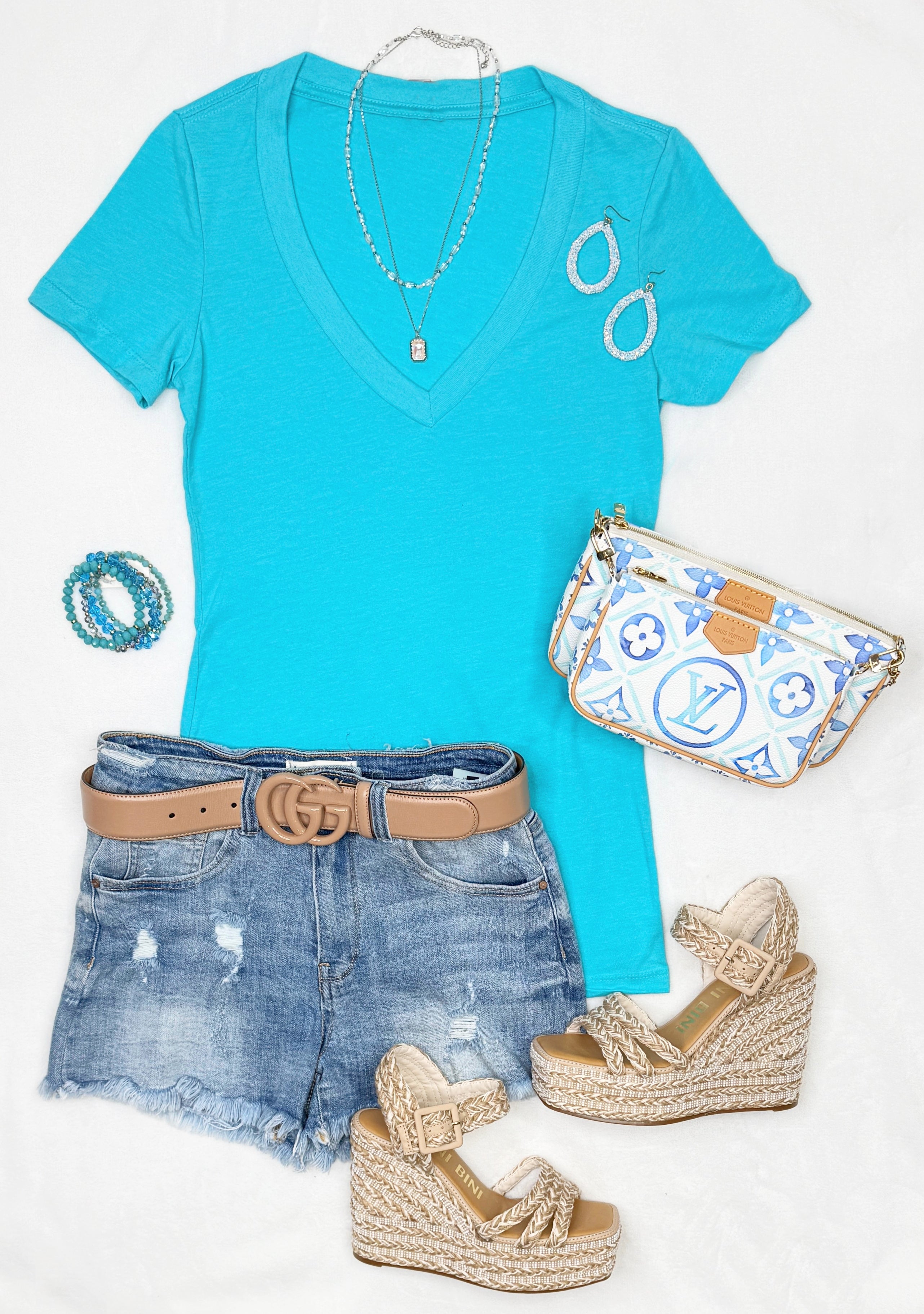 BASIC SHORT SLEEVE DEEP V TEE - Turquoise-Top-privityboutique.com-Privity Boutique, Women’s Fashion Boutique in Mesa, Arizona