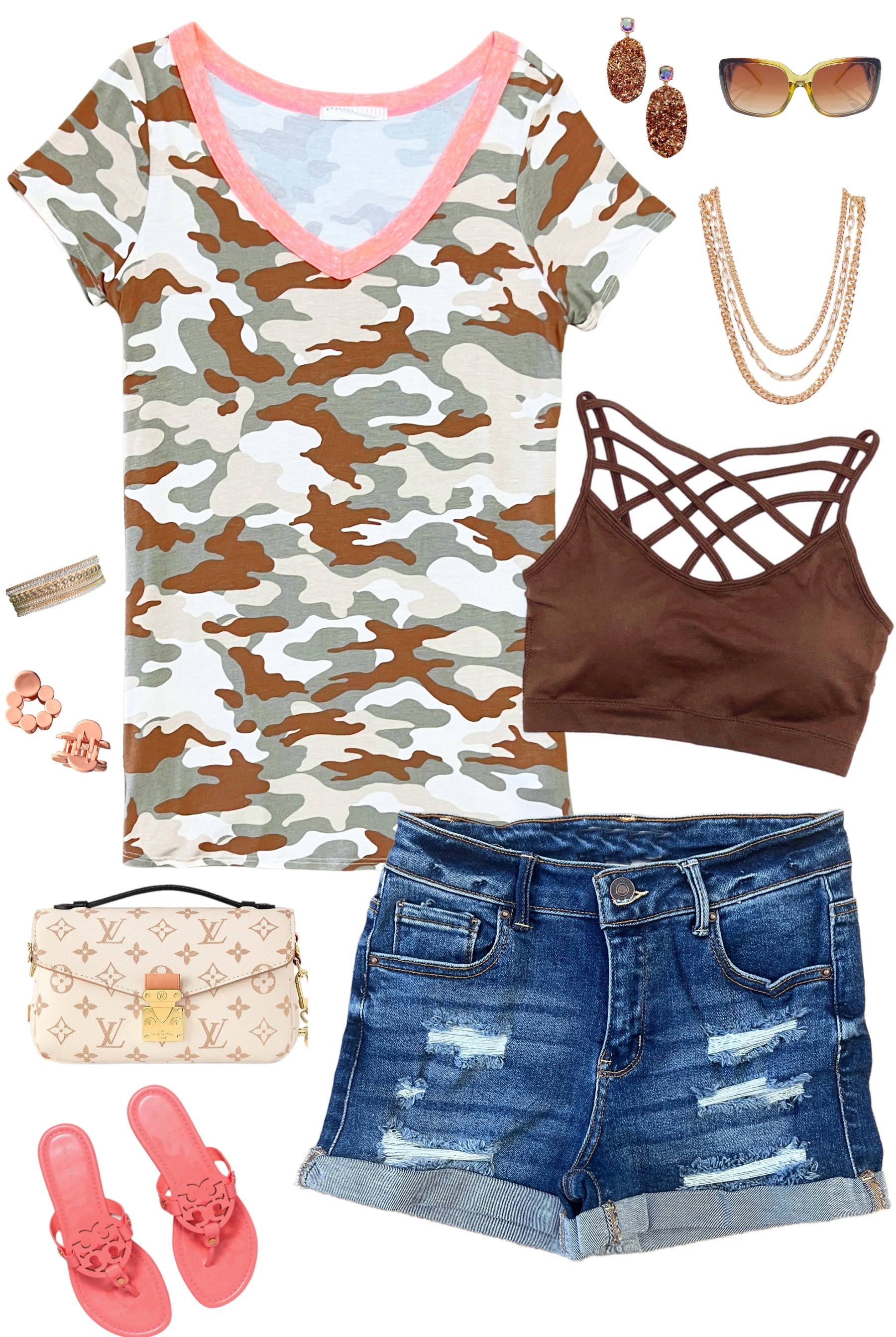 Camo Coral V Neck Top-Top-privityboutique-Privity Boutique, Women’s Fashion Boutique in Mesa, Arizona