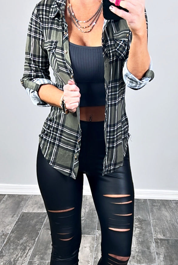 Penny Plaid Flannel Top - Olive/Black-flannel-privityboutique-Privity Boutique, Women’s Fashion Boutique in Mesa, Arizona