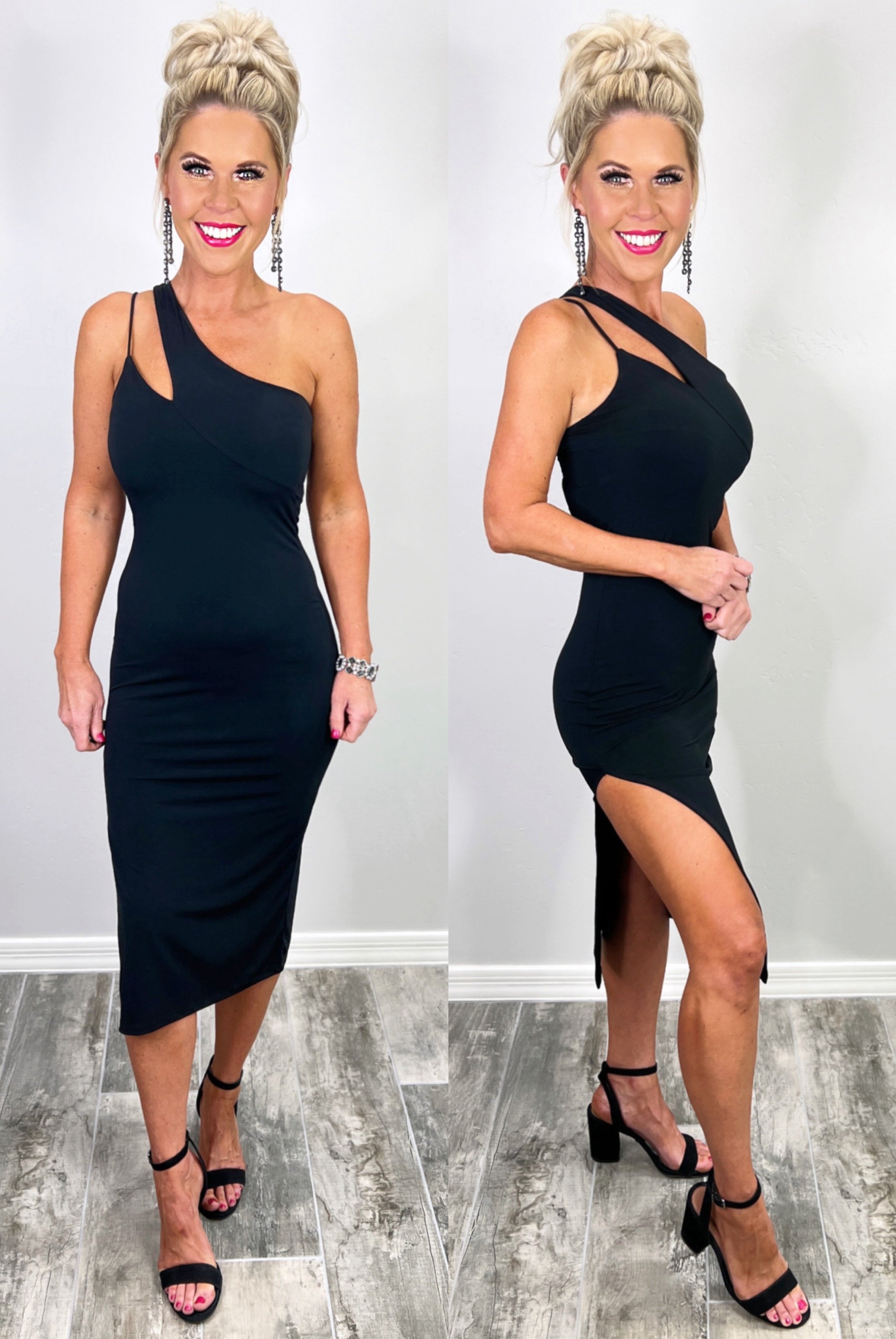 One Shoulder Slit Dress - Black-Dress-privityboutique.com-Privity Boutique, Women’s Fashion Boutique in Mesa, Arizona