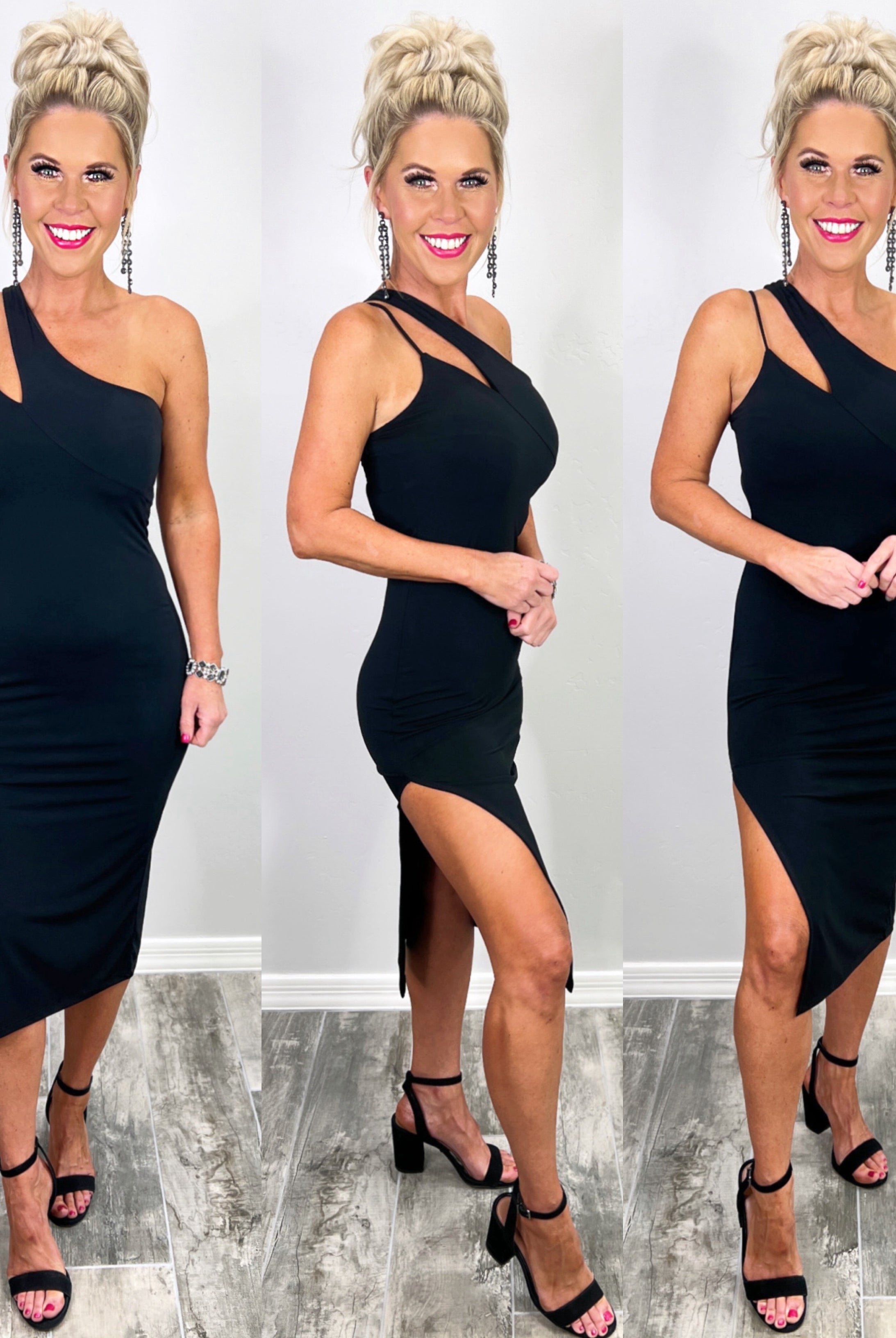 One Shoulder Slit Dress - Black-Dress-privityboutique.com-Privity Boutique, Women’s Fashion Boutique in Mesa, Arizona