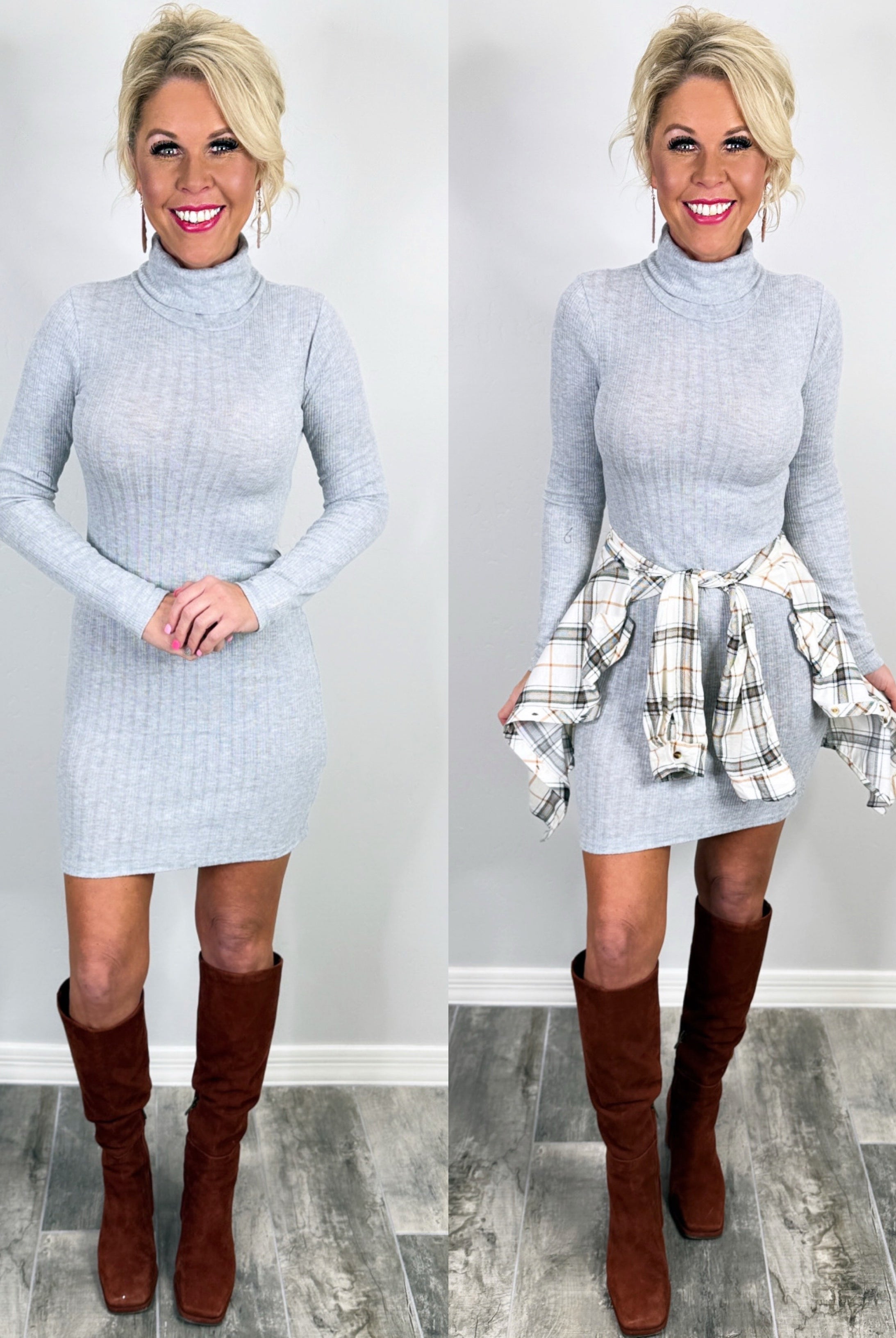 Ruling In Ribbed Turtleneck Dress - Grey-Dress-privityboutique.com-Privity Boutique, Women’s Fashion Boutique in Mesa, Arizona
