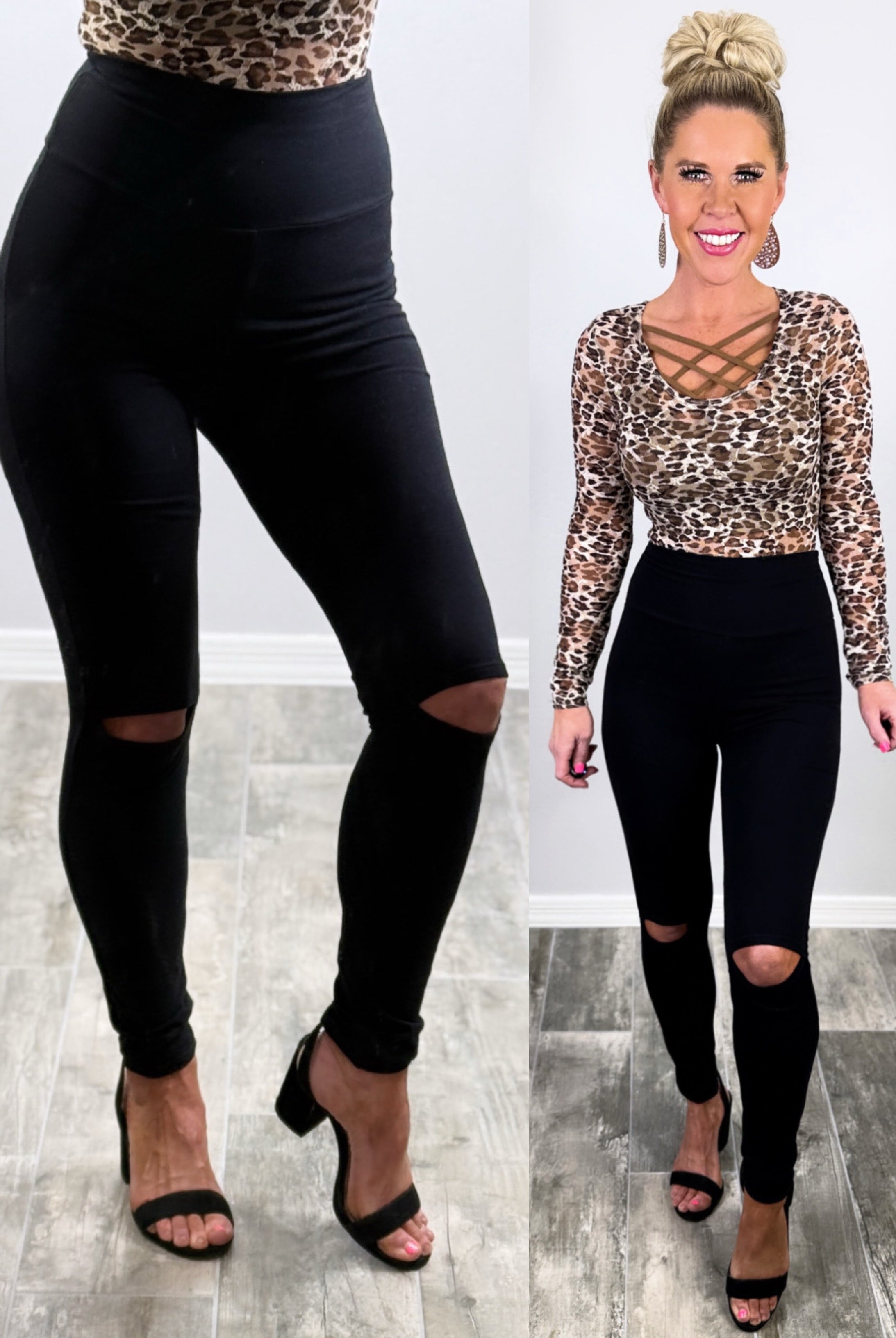 High Waisted Slit Knee Leggings - Black-Leggings-privityboutique-Privity Boutique, Women’s Fashion Boutique in Mesa, Arizona