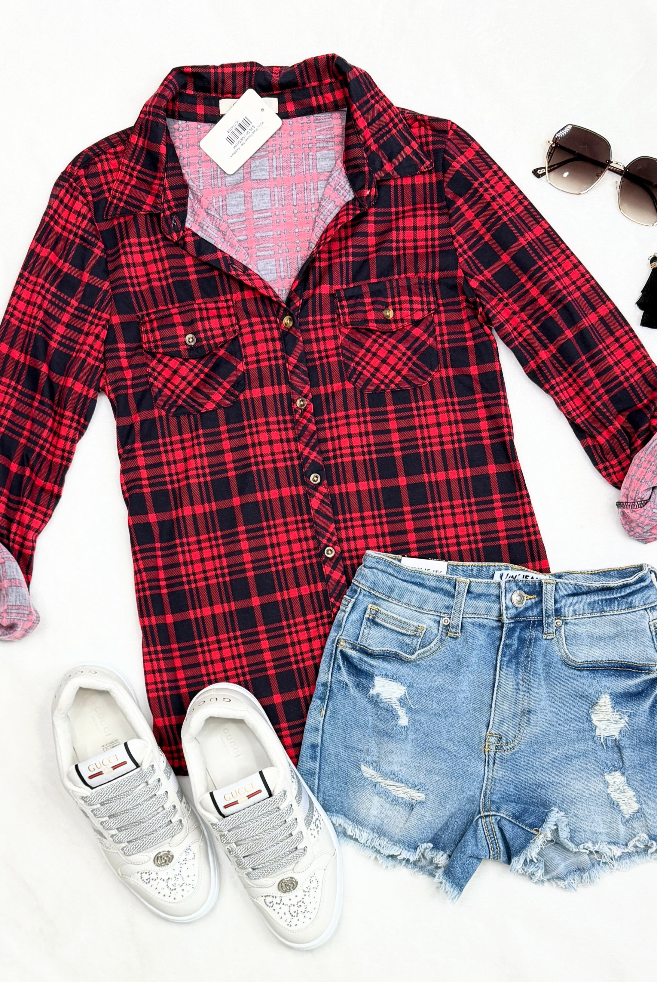 Penny Plaid Flannel Top - Red/Black-flannel-privityboutique-Privity Boutique, Women’s Fashion Boutique in Mesa, Arizona