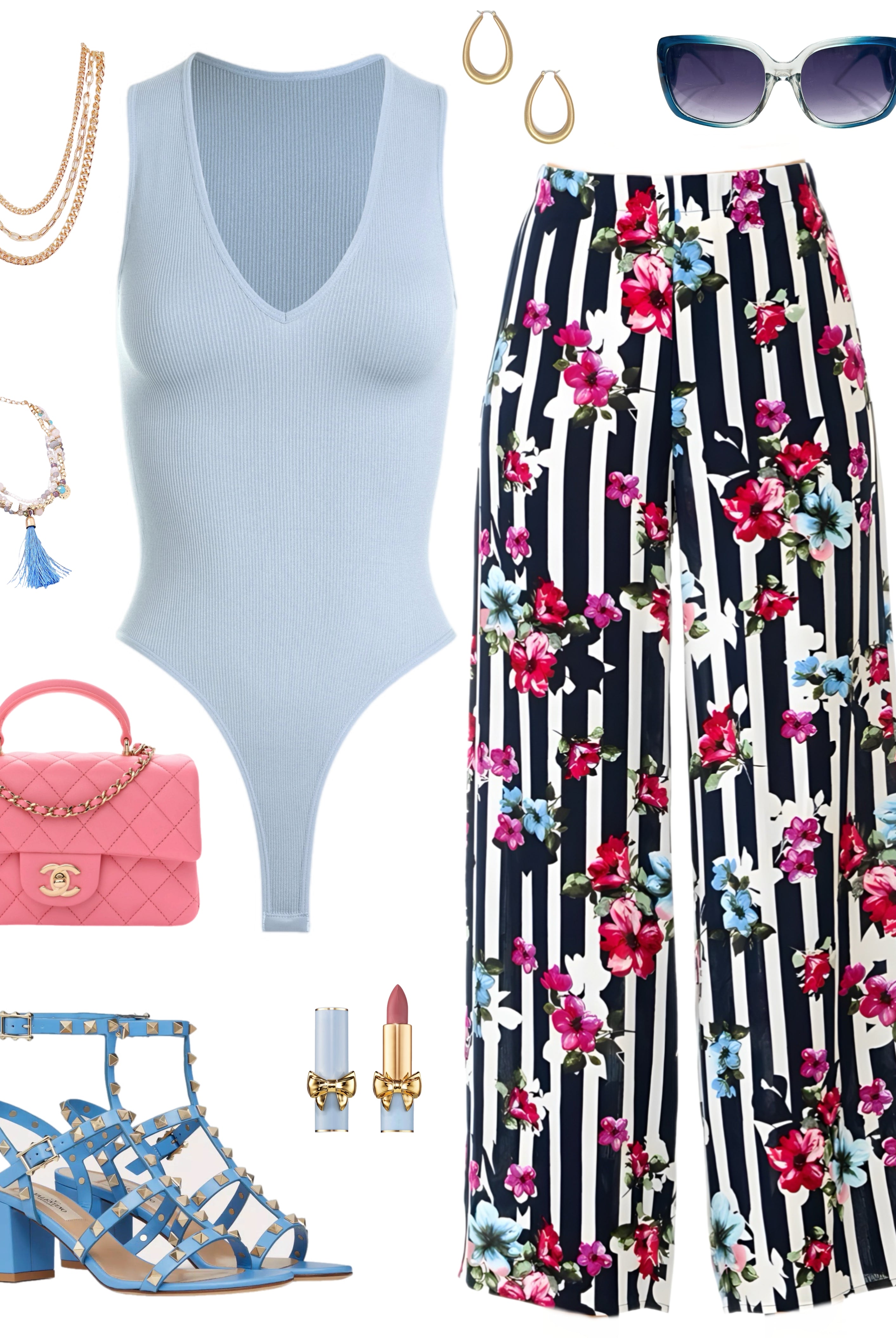 Striped with Floral Pants - Navy-palazzo-privityboutique.com-Privity Boutique, Women’s Fashion Boutique in Mesa, Arizona