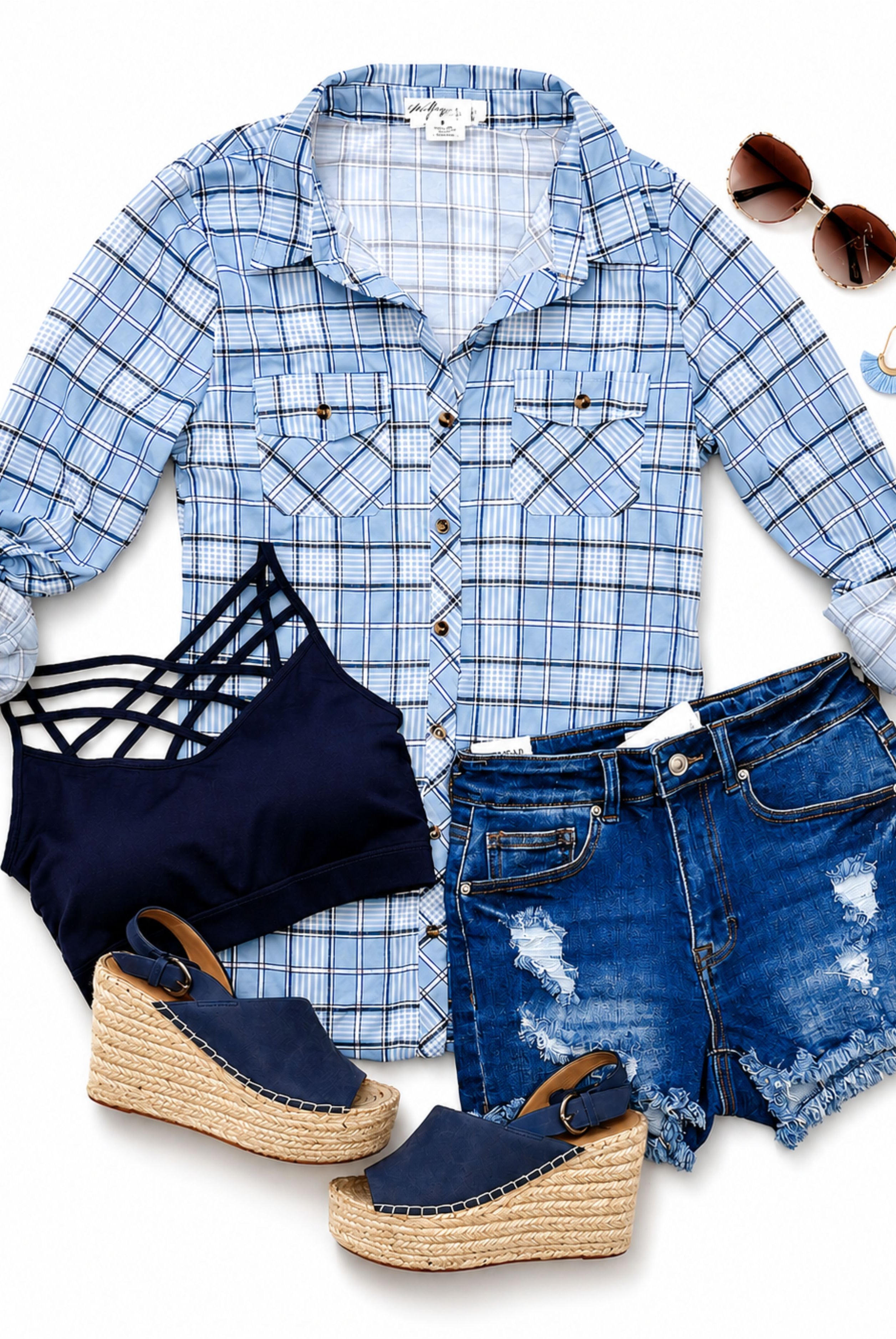 Penny Plaid Flannel Top - Denim/Ivory-flannel-privityboutique-Privity Boutique, Women’s Fashion Boutique in Mesa, Arizona