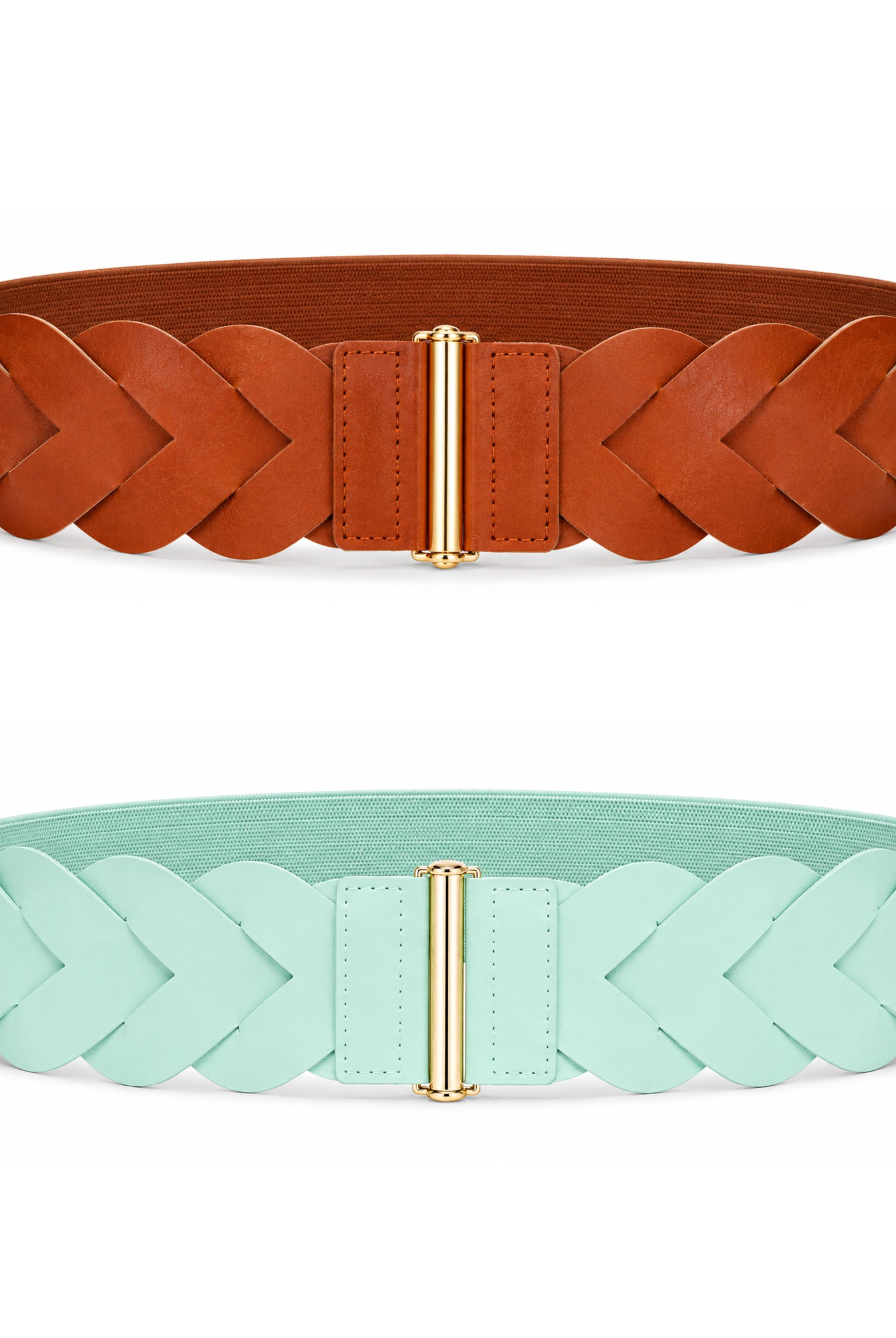 Mint, green and camel woven stretch belts with gold tone buckles