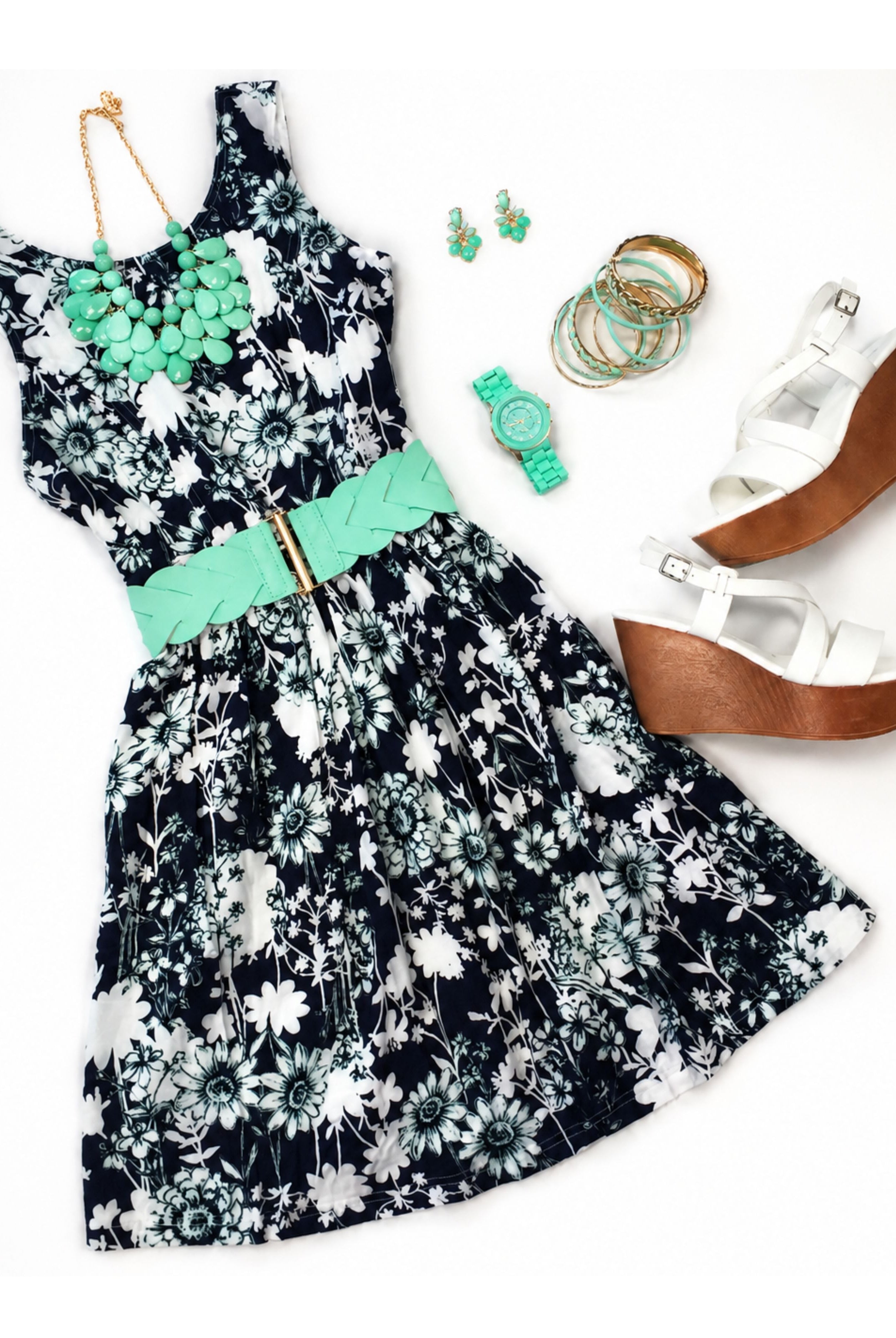 Floral dress styled with a stretch belt in mint, cute wedges, bangle bracelet, mint necklace, and mint earrings