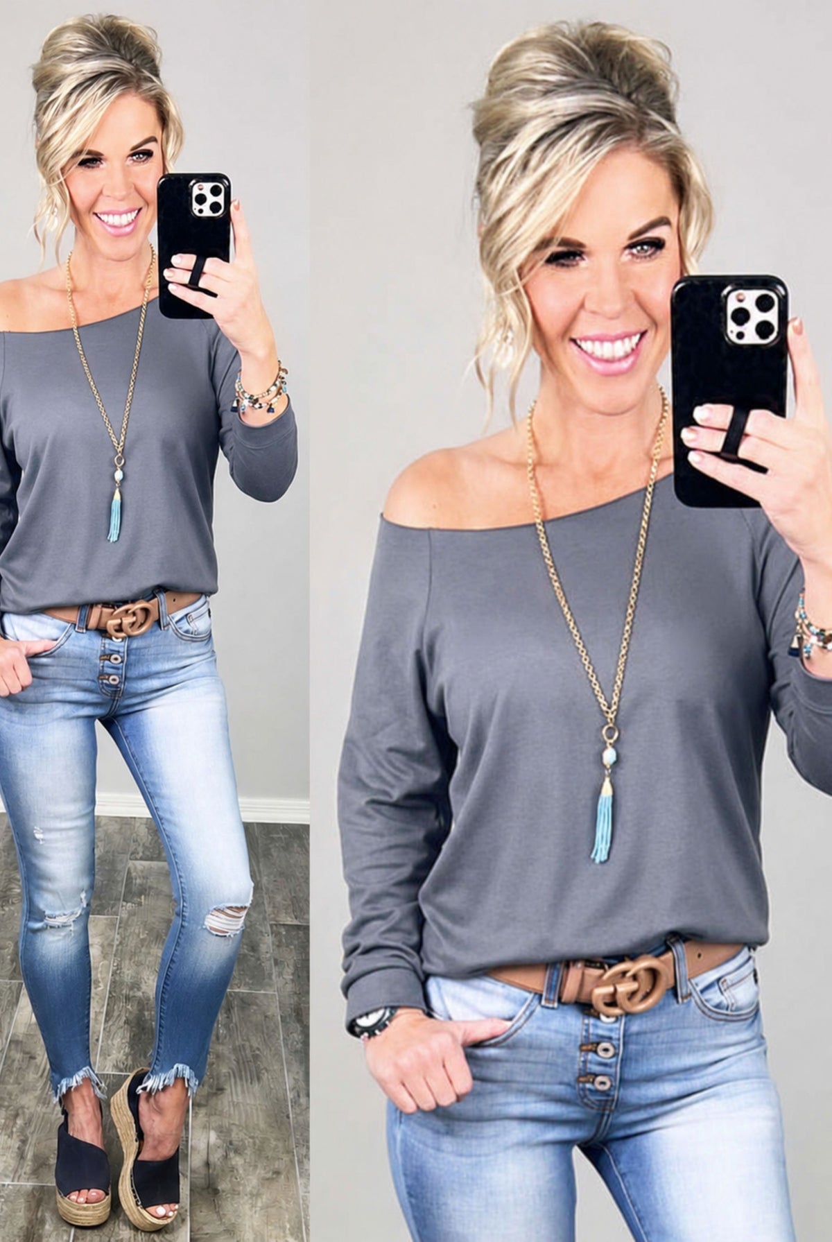 Raw Hem Off The Shoulder - Dk Grey-Top-privityboutique.com-Privity Boutique, Women’s Fashion Boutique in Mesa, Arizona