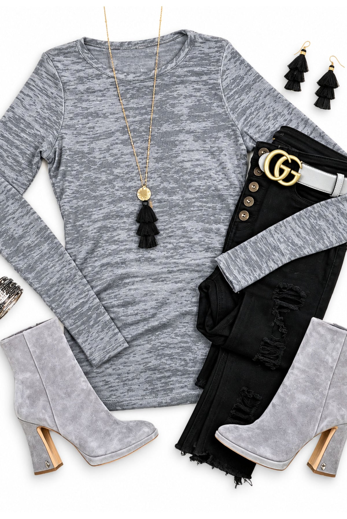 LONG SLEEVE BURNOUT THERMAL TOP - GREY-Top-privityboutique.com-Privity Boutique, Women’s Fashion Boutique in Mesa, Arizona