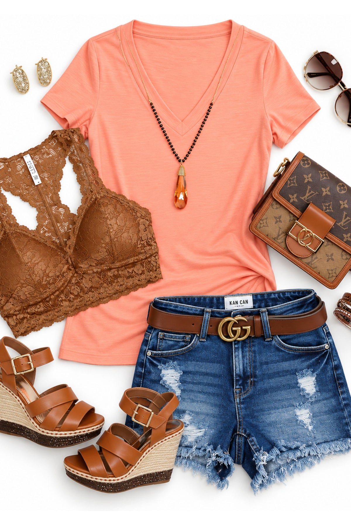 Peach deep V Neck top with denim jeans about a cute brawl and sparkly earrings