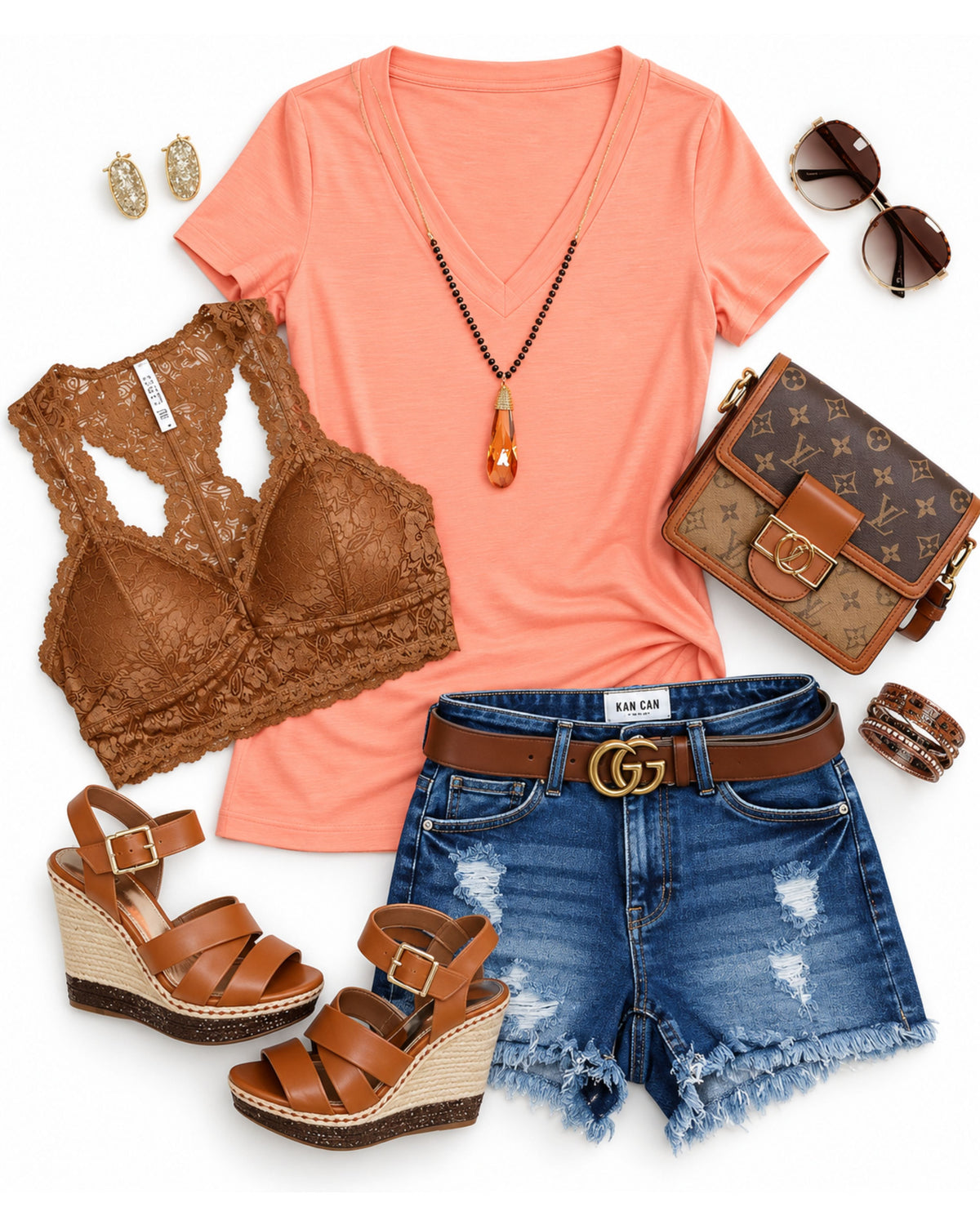 Peach deep V Neck top with denim jeans about a cute brawl and sparkly earrings