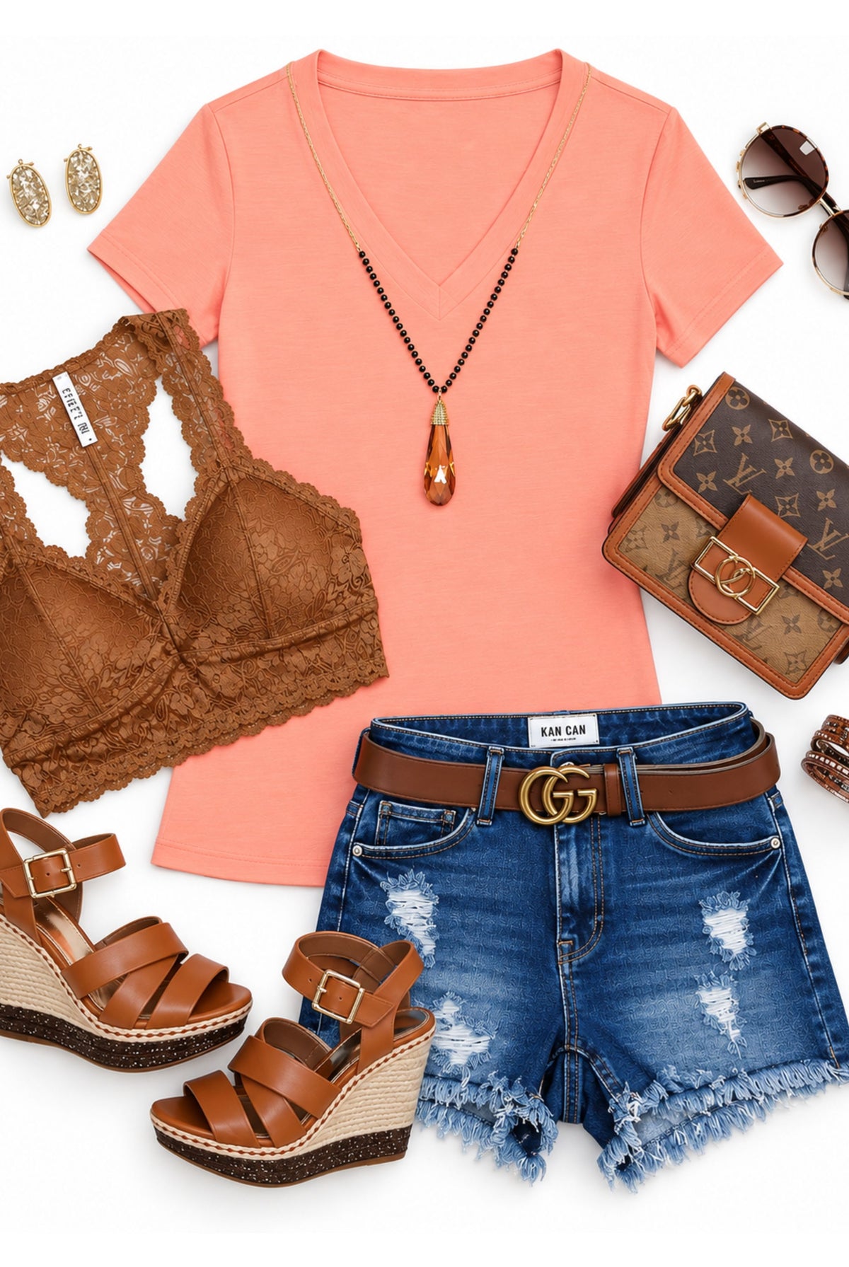 Deep PT with lace brawl, denim shorts, wedges, Sunnie cute bracelet, and gold earrings