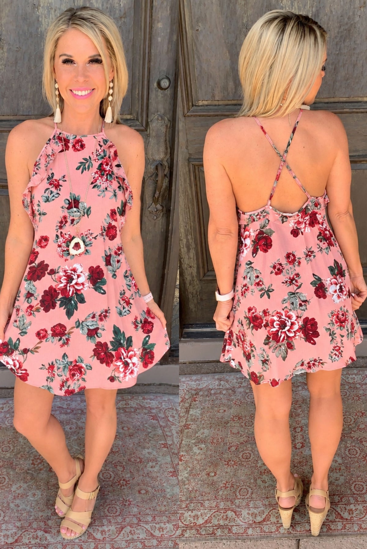 Floral dress with ruffles crisscross open back paired with earrings and some cute wedges and a long neck necklace.