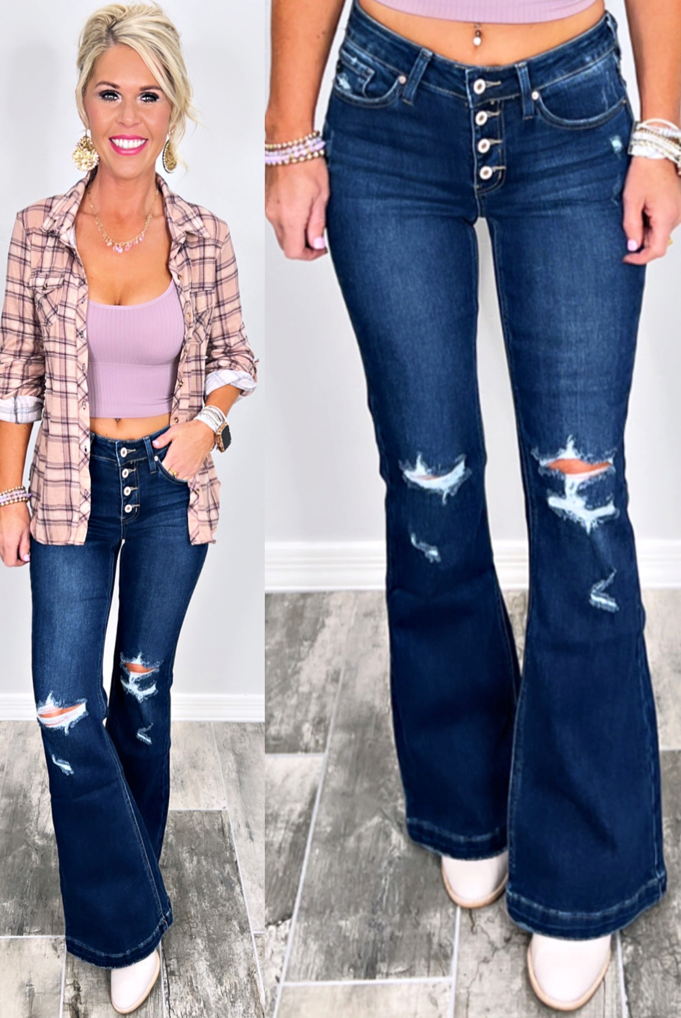 Talia Distressed Button Front Flare Jeans - Dark PETITE-jeans-privityboutique-Privity Boutique, Women’s Fashion Boutique in Mesa, Arizona