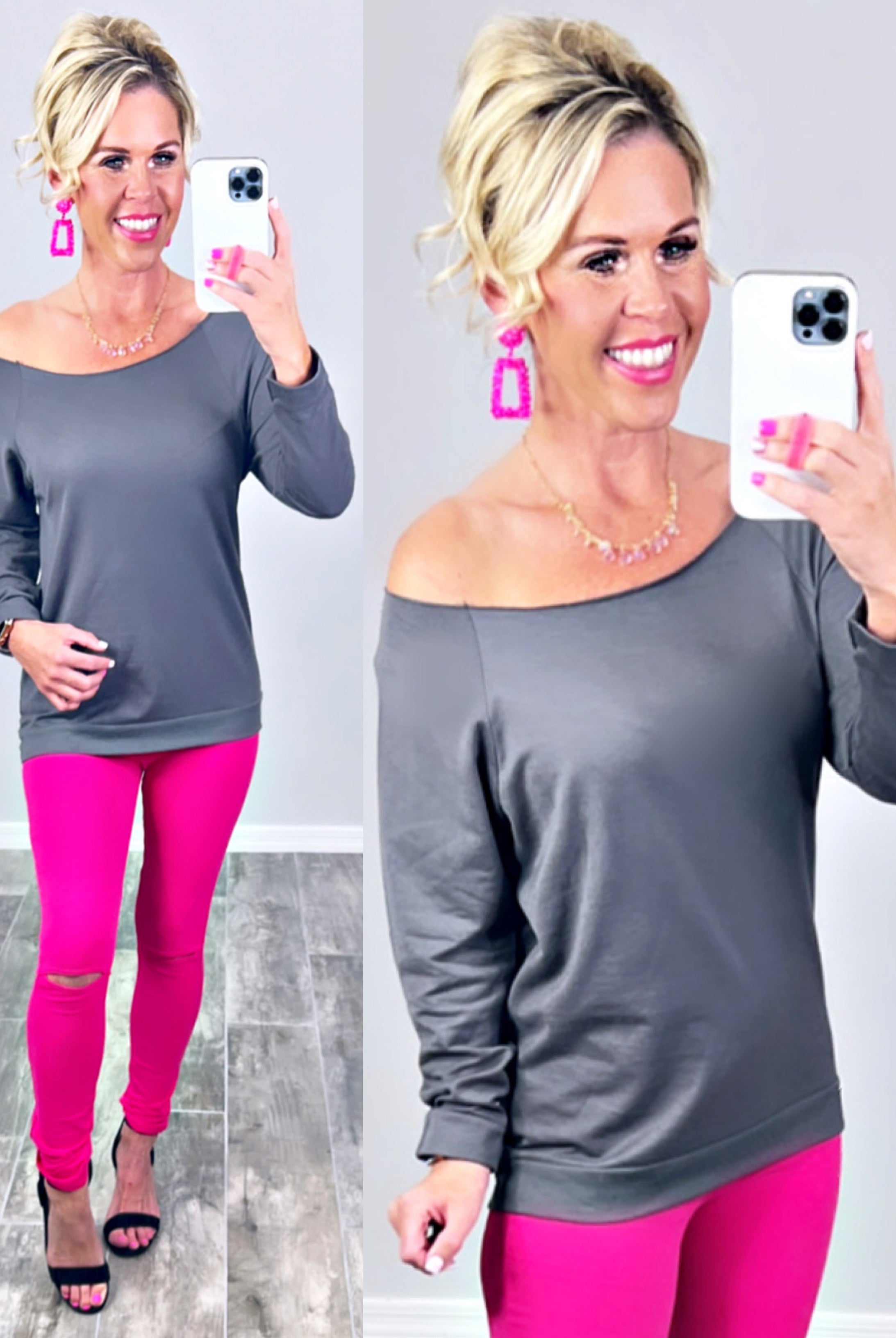 Raw Hem Off The Shoulder - Dk Grey-Top-privityboutique.com-Privity Boutique, Women’s Fashion Boutique in Mesa, Arizona