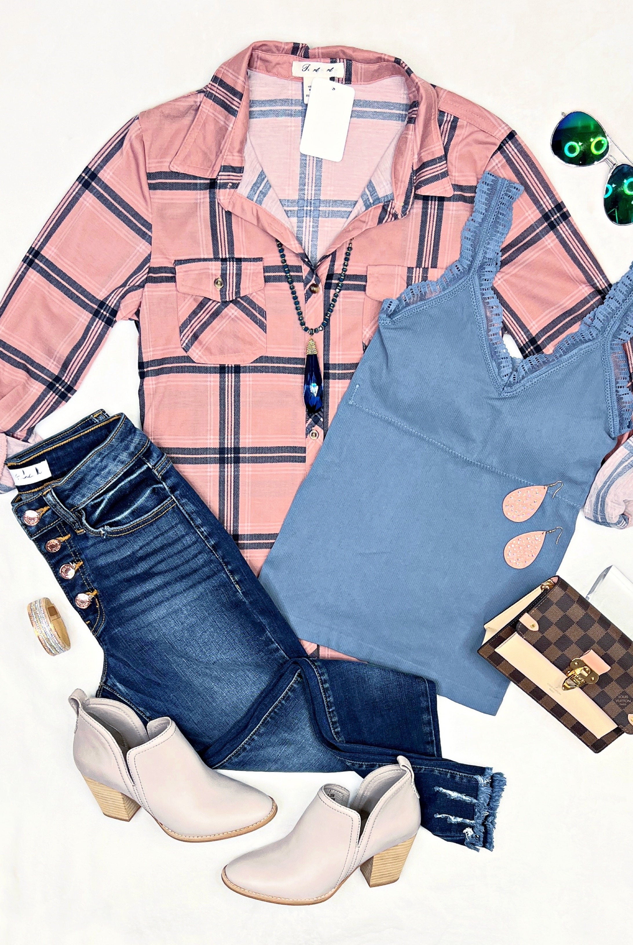 Penny Plaid Flannel Top - Mauve/Navy-flannel-privityboutique-Privity Boutique, Women’s Fashion Boutique in Mesa, Arizona