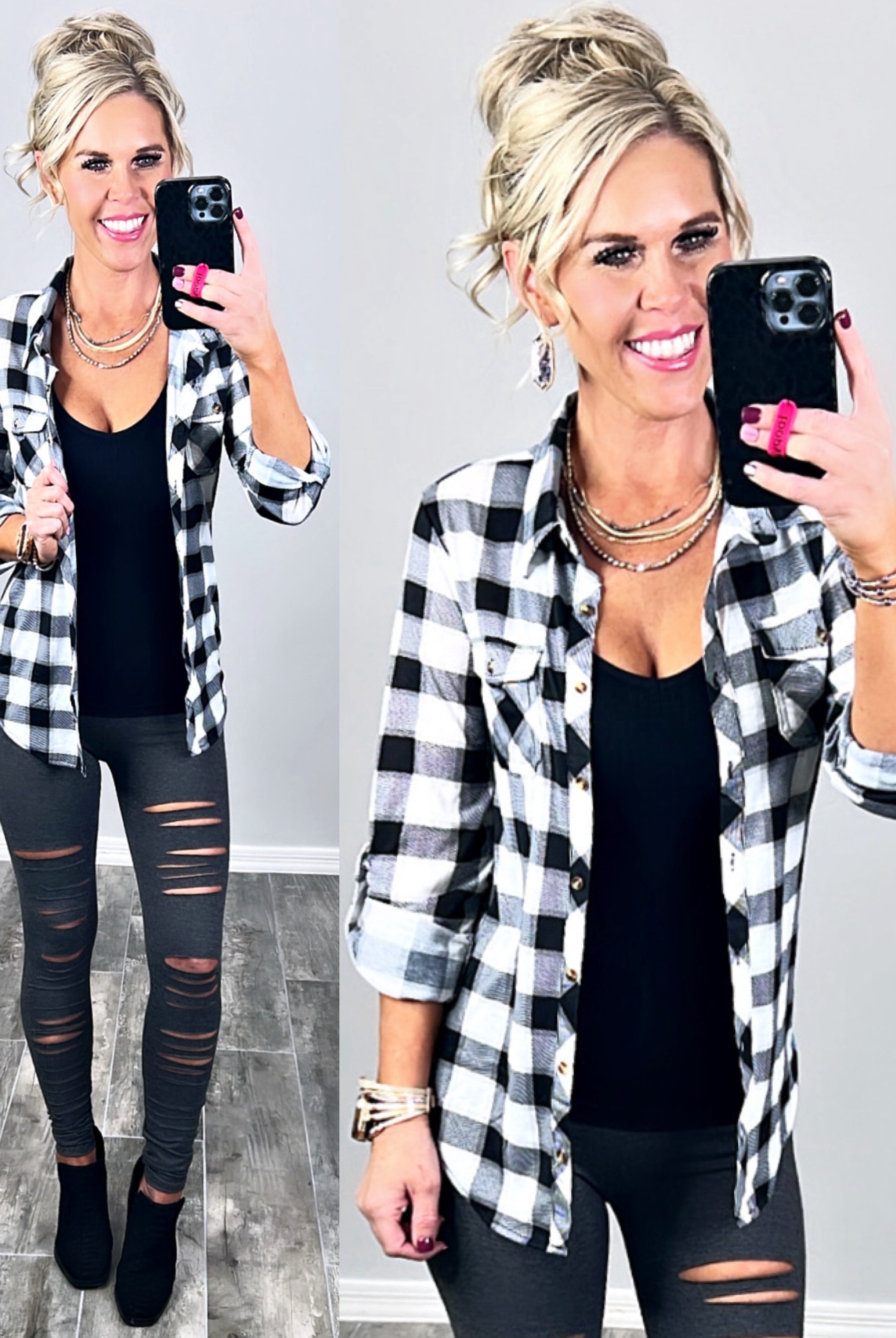 Penny Plaid Flannel Top - Black/White/Grey-flannel-privityboutique-Privity Boutique, Women’s Fashion Boutique in Mesa, Arizona