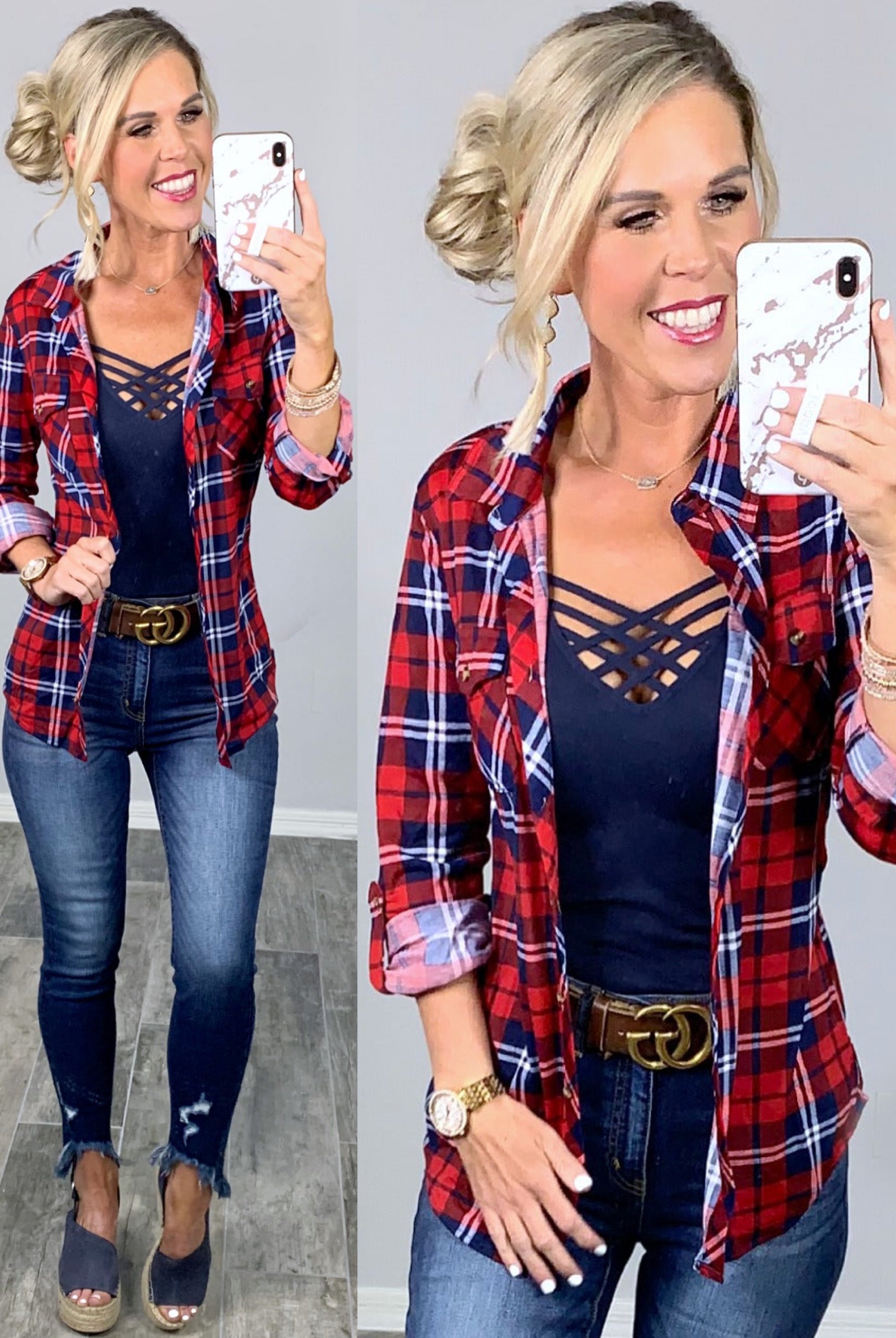 Penny Plaid Flannel Top - Red/Navy-flannel-privityboutique-Privity Boutique, Women’s Fashion Boutique in Mesa, Arizona