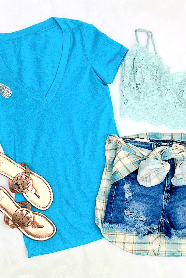 BASIC SHORT SLEEVE DEEP V TEE - B BLUE-Top-privityboutique.com-Privity Boutique, Women’s Fashion Boutique in Mesa, Arizona