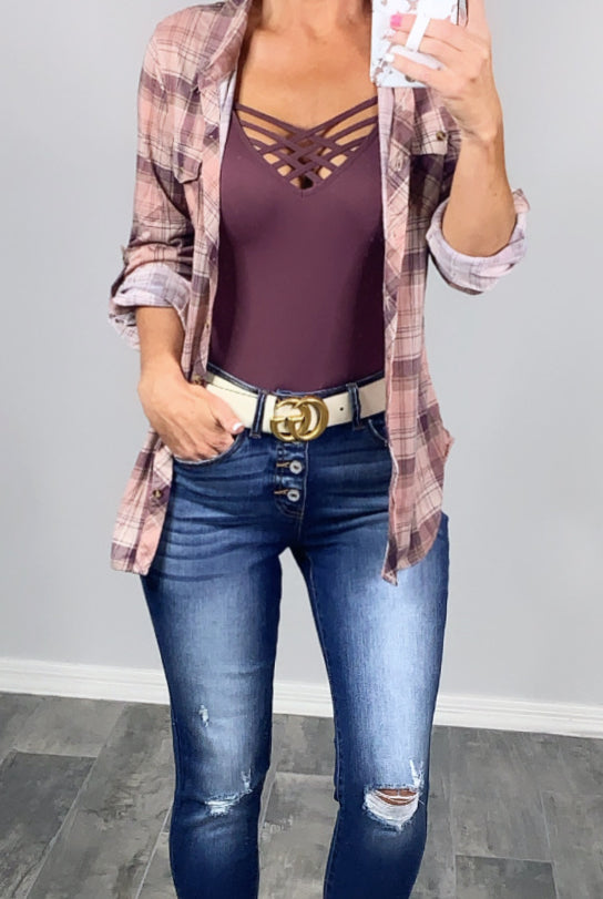 Penny Plaid Flannel Top - Rose/Plum-flannel-privityboutique-Privity Boutique, Women’s Fashion Boutique in Mesa, Arizona