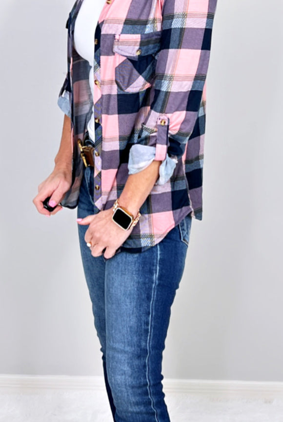 Penny Plaid Flannel Top - Navy/Pink-flannel-privityboutique-Privity Boutique, Women’s Fashion Boutique in Mesa, Arizona