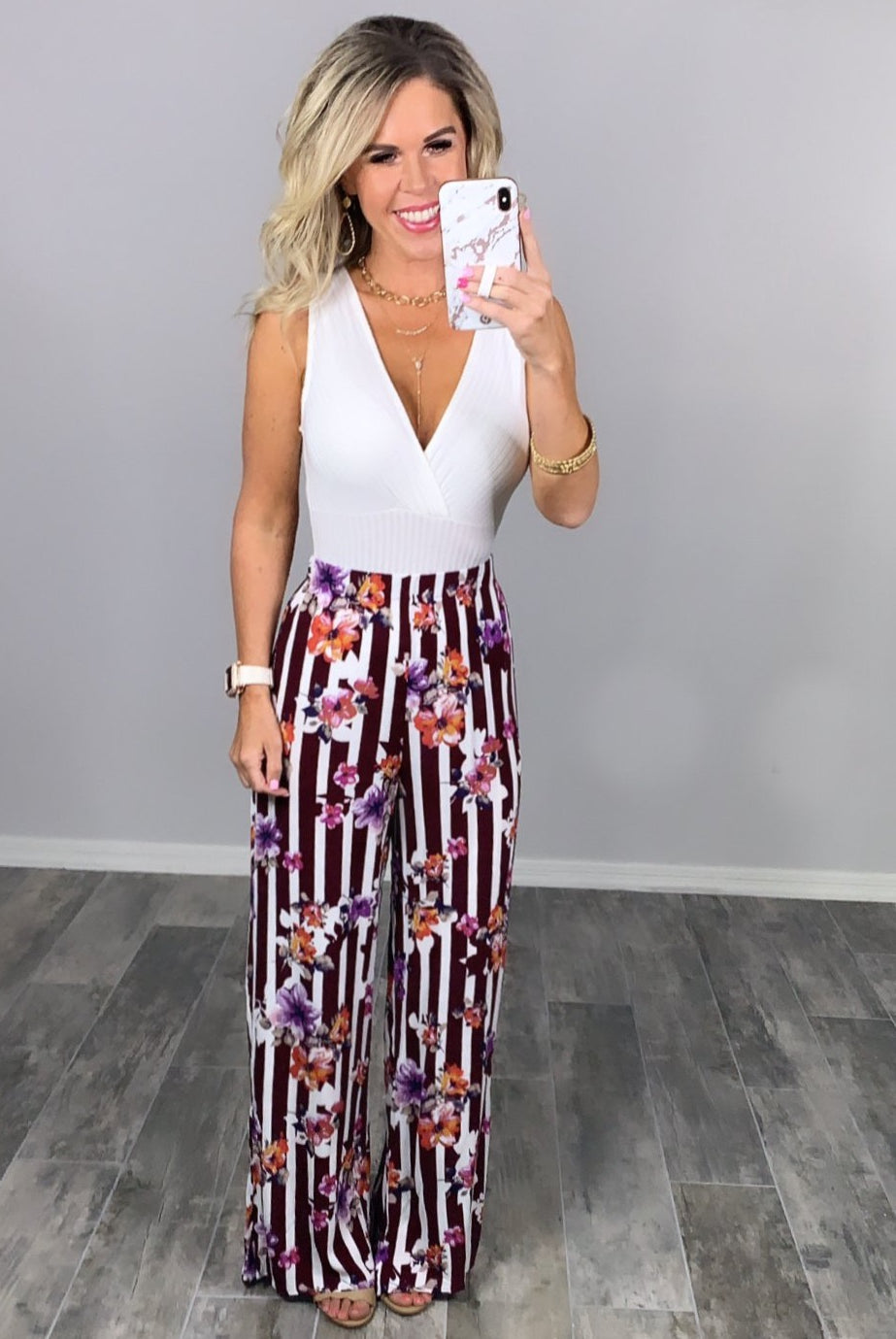 Striped with Floral Pants - Burgundy-palazzo-privityboutique.com-Privity Boutique, Women’s Fashion Boutique in Mesa, Arizona