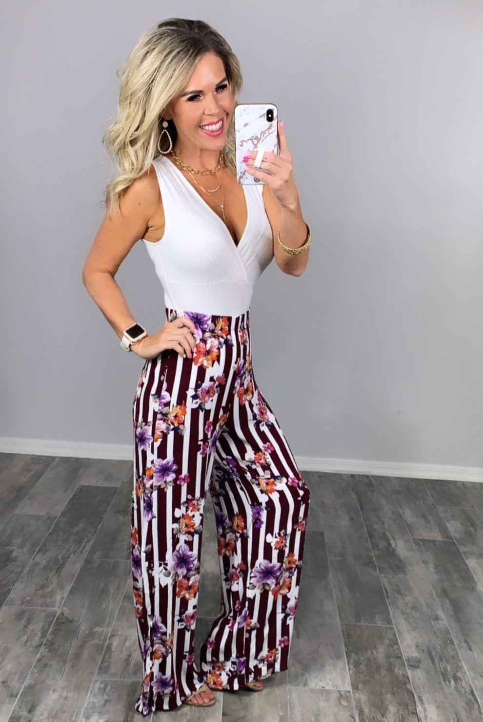 Striped with Floral Pants - Burgundy-palazzo-privityboutique.com-Privity Boutique, Women’s Fashion Boutique in Mesa, Arizona