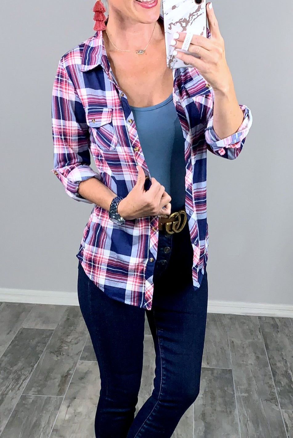 Penny Plaid Flannel Top - Pink/Navy-flannel-privityboutique-Privity Boutique, Women’s Fashion Boutique in Mesa, Arizona