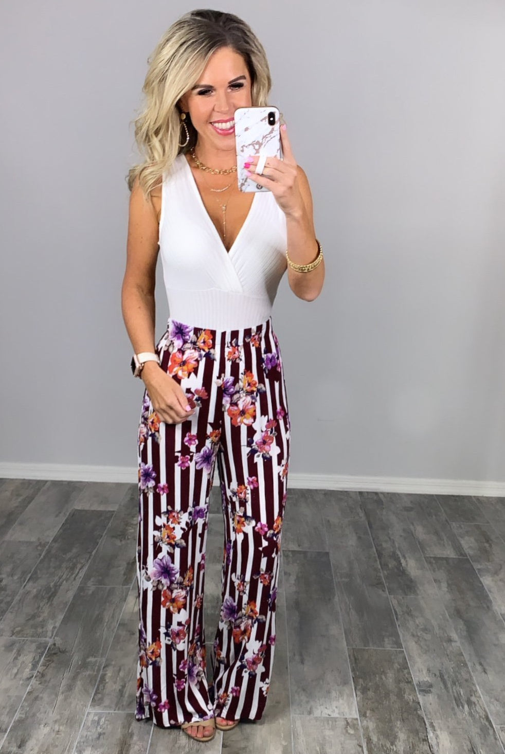 Striped with Floral Pants - Burgundy-palazzo-privityboutique.com-Privity Boutique, Women’s Fashion Boutique in Mesa, Arizona