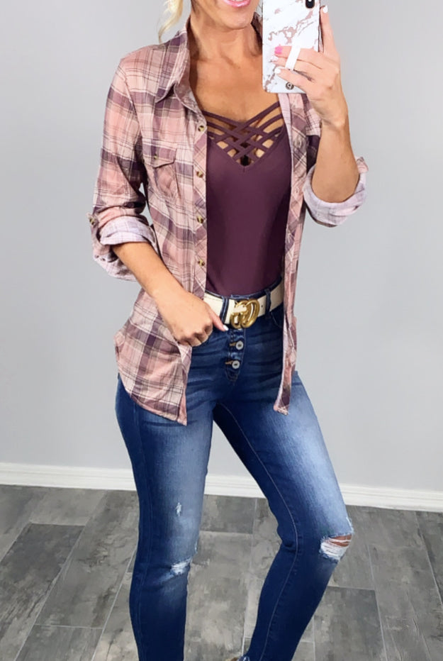 Penny Plaid Flannel Top - Rose/Plum-flannel-privityboutique-Privity Boutique, Women’s Fashion Boutique in Mesa, Arizona
