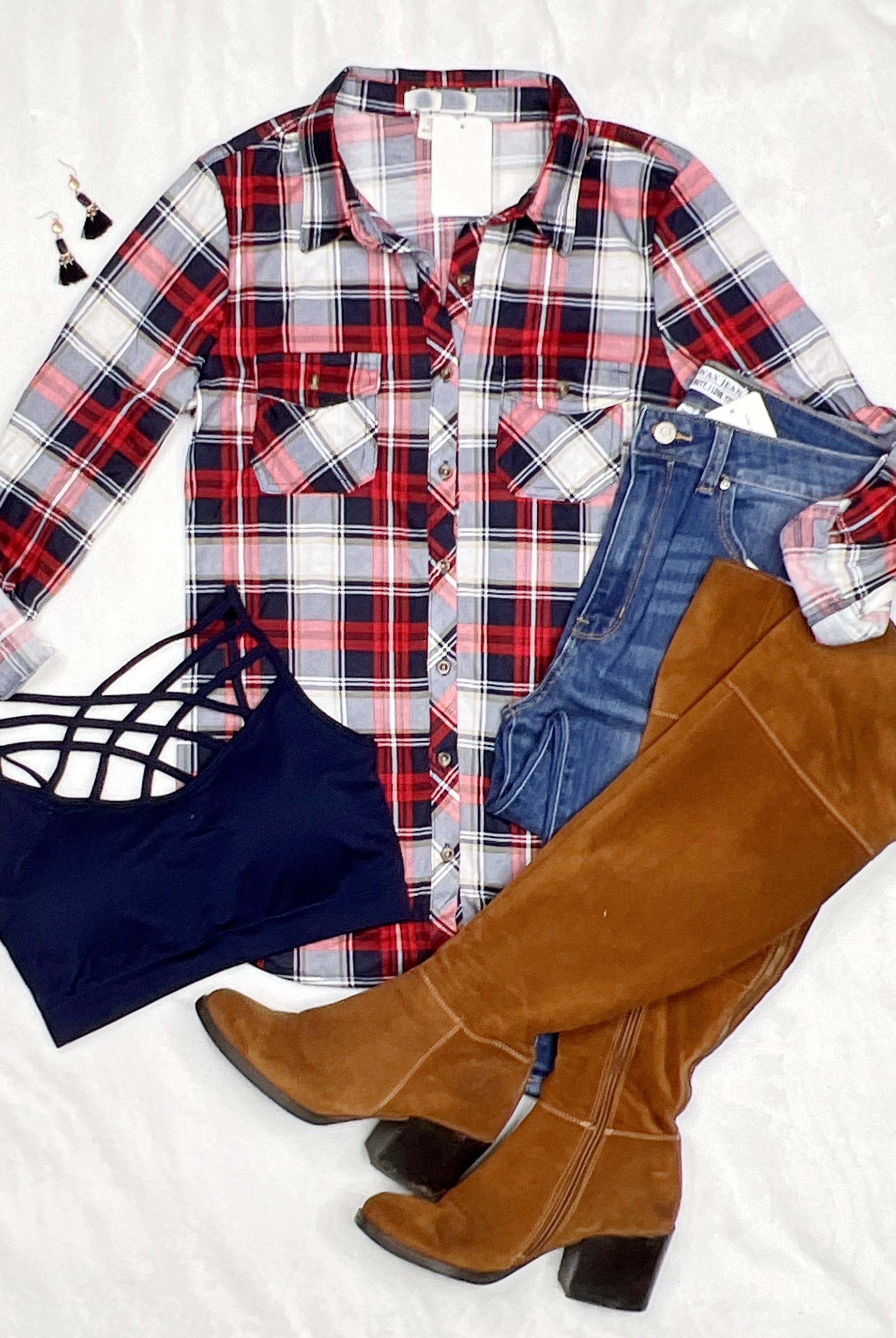 Penny Plaid Flannel Top - Red/Navy/White-bandeau-privityboutique-Privity Boutique, Women’s Fashion Boutique in Mesa, Arizona