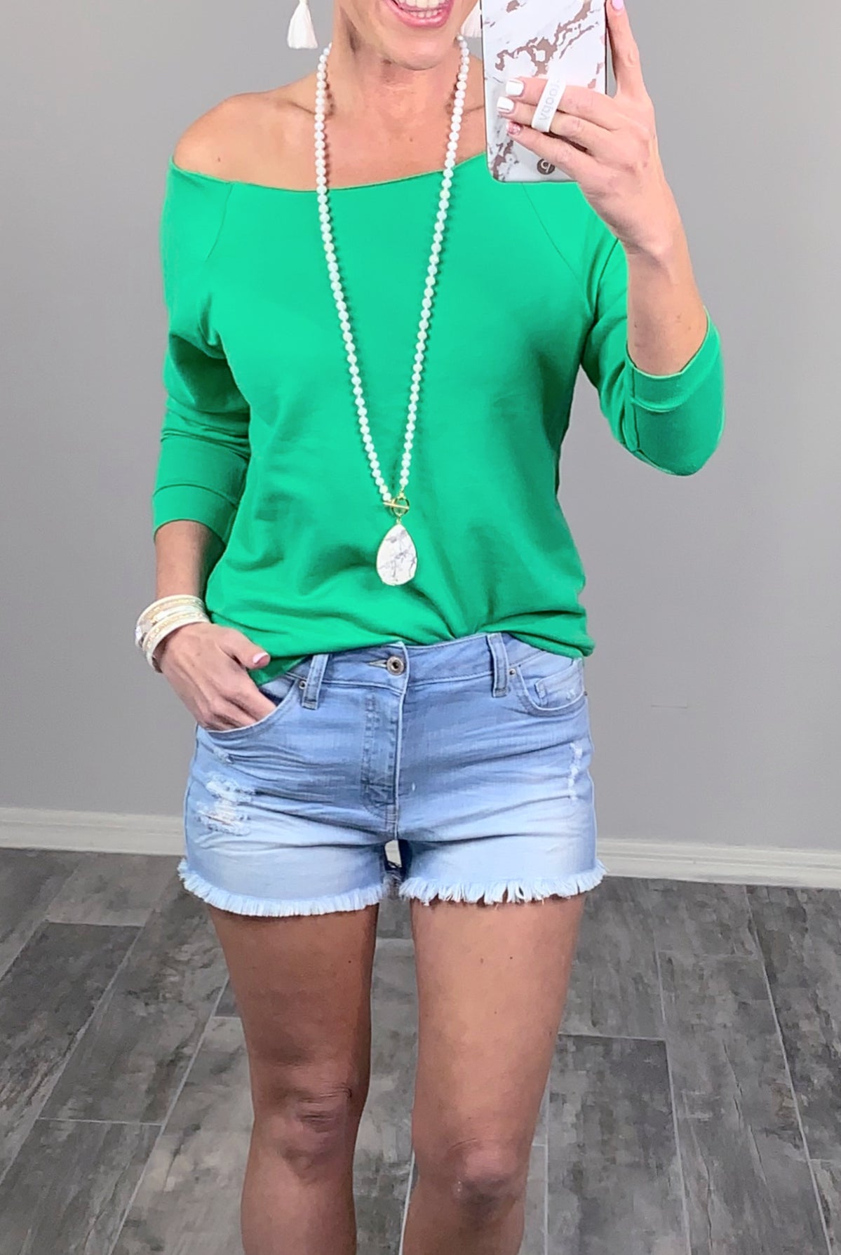 Raw Hem Off The Shoulder - Green-Top-privityboutique.com-Privity Boutique, Women’s Fashion Boutique in Mesa, Arizona