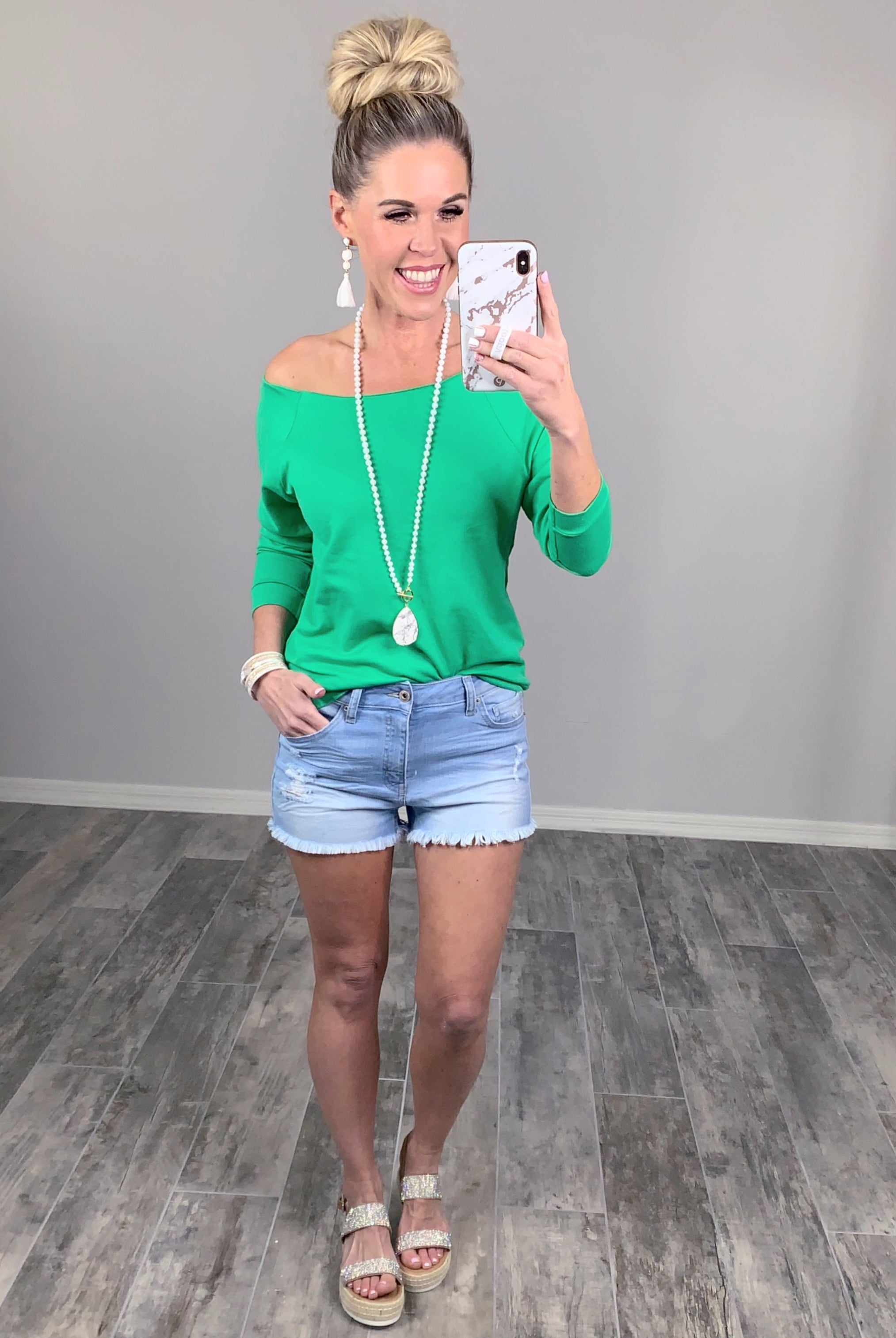 Raw Hem Off The Shoulder - Green-Top-privityboutique.com-Privity Boutique, Women’s Fashion Boutique in Mesa, Arizona