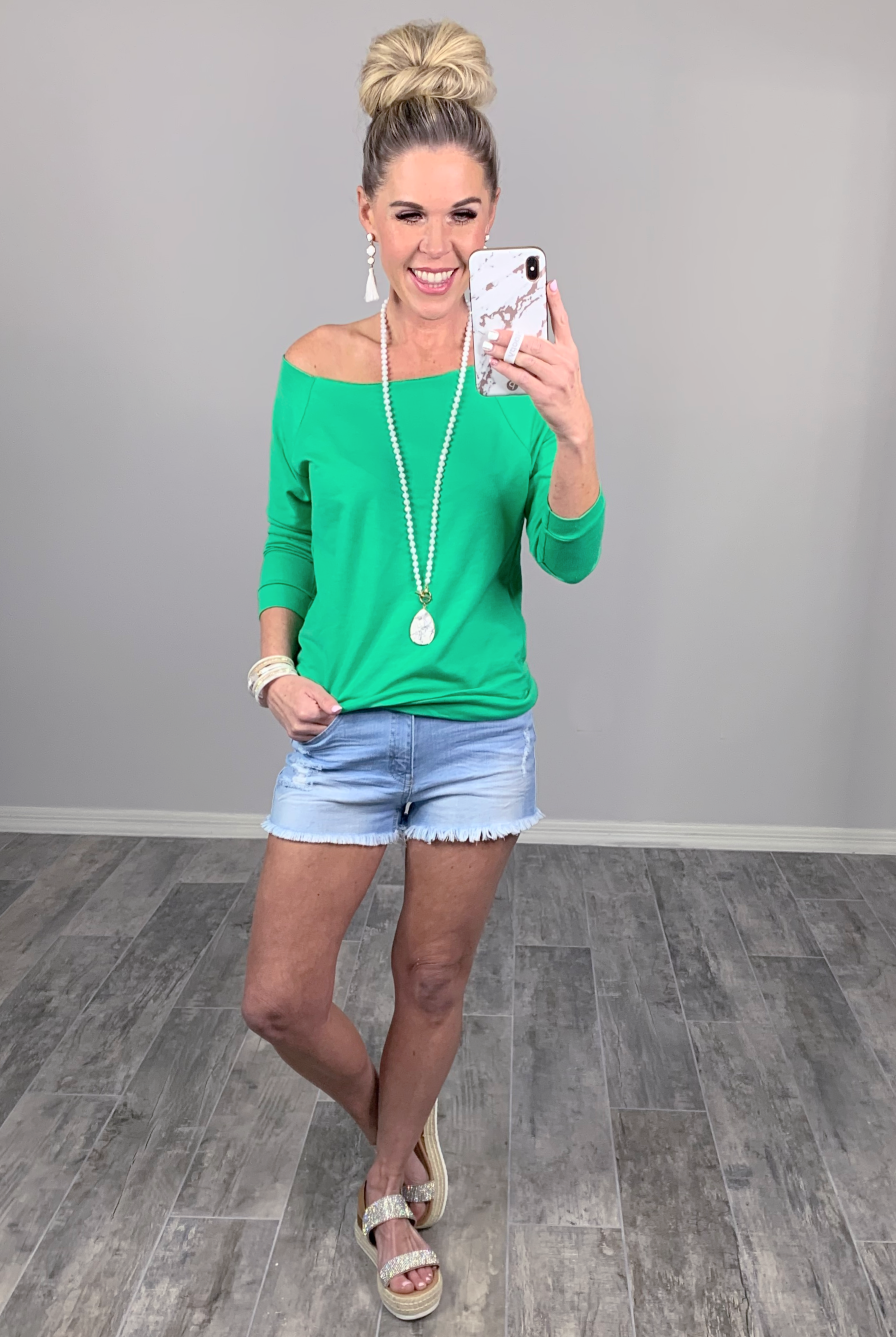 Raw Hem Off The Shoulder - Green-Top-privityboutique.com-Privity Boutique, Women’s Fashion Boutique in Mesa, Arizona