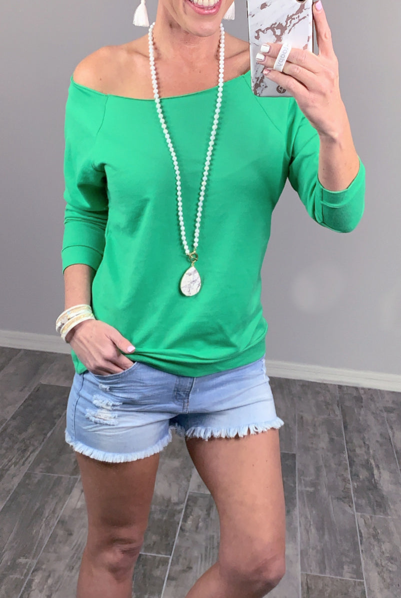 Raw Hem Off The Shoulder - Green-Top-privityboutique.com-Privity Boutique, Women’s Fashion Boutique in Mesa, Arizona