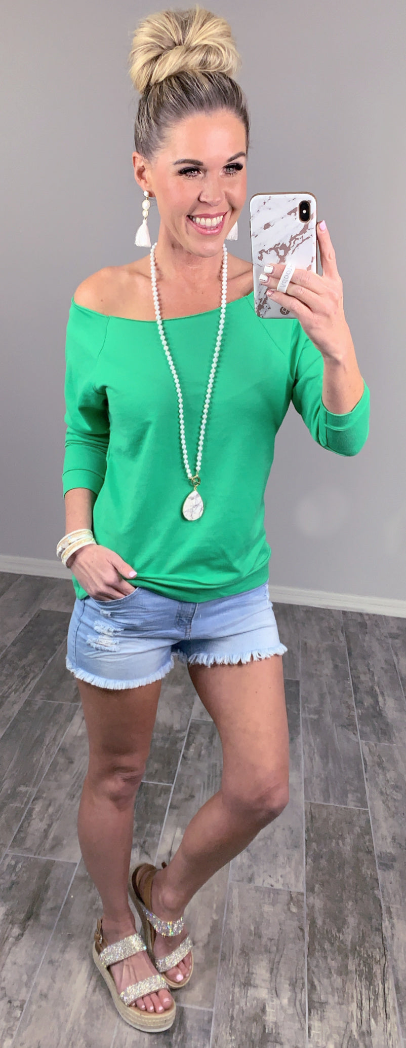 Raw Hem Off The Shoulder - Green-Top-privityboutique.com-Privity Boutique, Women’s Fashion Boutique in Mesa, Arizona