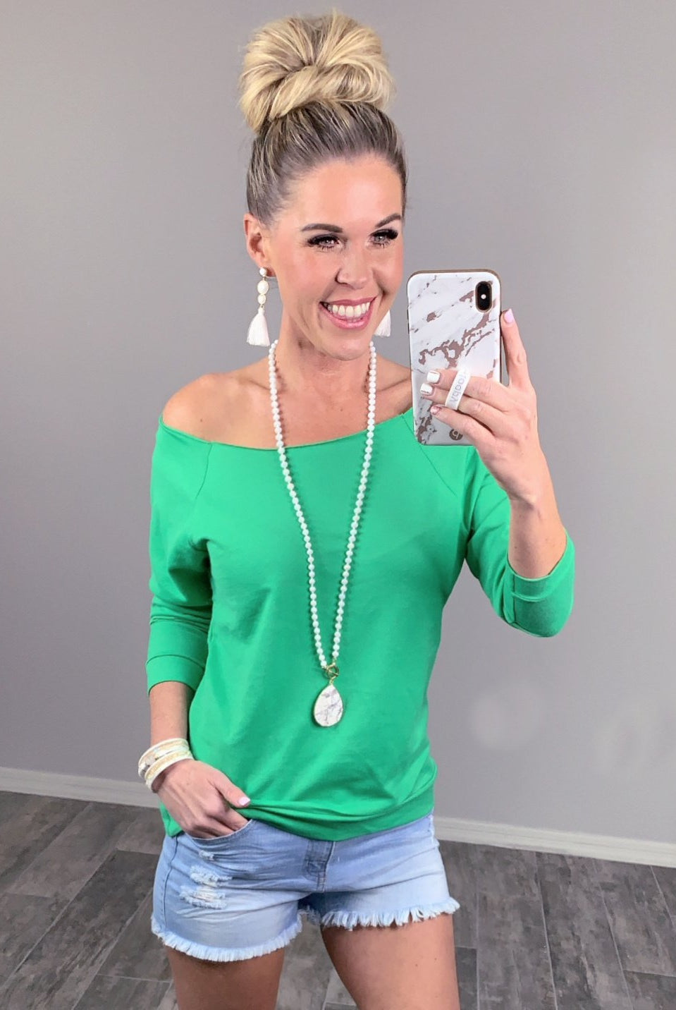 Raw Hem Off The Shoulder - Green-Top-privityboutique.com-Privity Boutique, Women’s Fashion Boutique in Mesa, Arizona