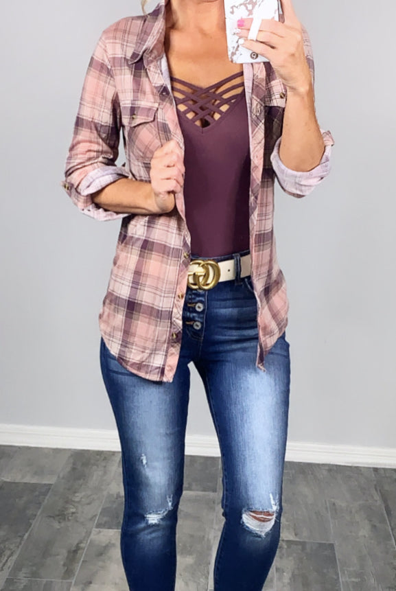 Penny Plaid Flannel Top - Rose/Plum-flannel-privityboutique-Privity Boutique, Women’s Fashion Boutique in Mesa, Arizona