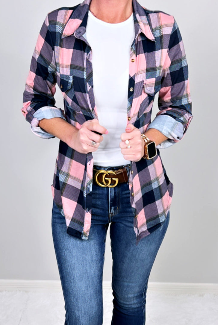 Penny Plaid Flannel Top - Navy/Pink-flannel-privityboutique-Privity Boutique, Women’s Fashion Boutique in Mesa, Arizona