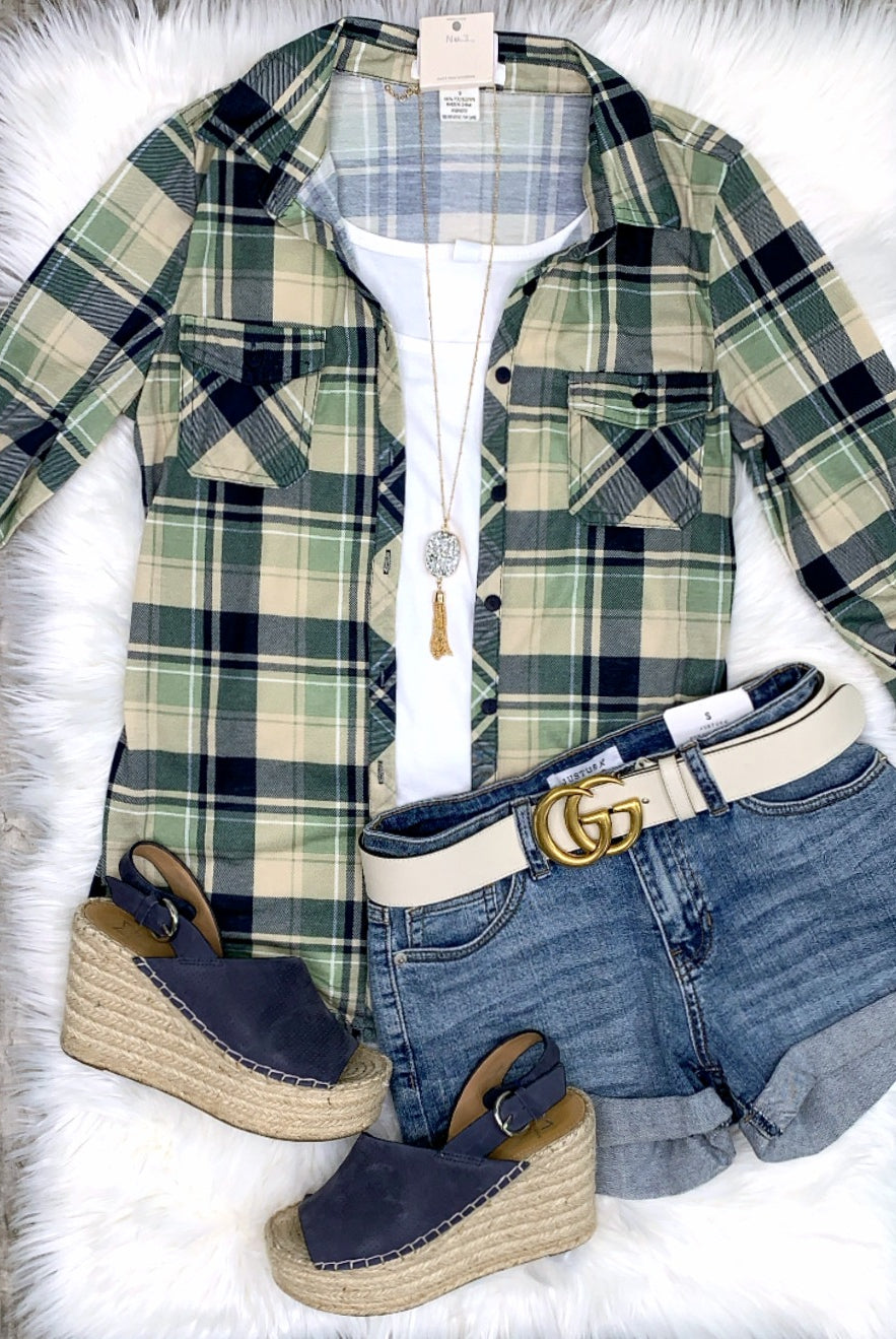 Penny Plaid Flannel Top - Navy/Sage-flannel-privityboutique-Privity Boutique, Women’s Fashion Boutique in Mesa, Arizona
