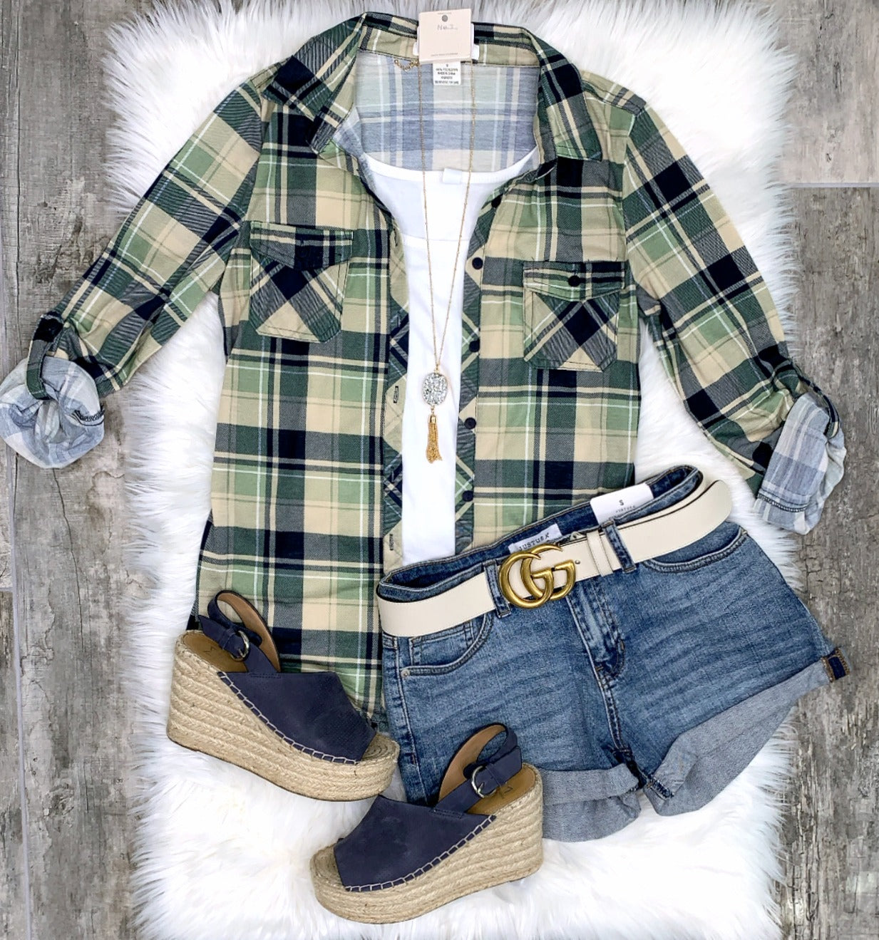 Penny Plaid Flannel Top - Navy/Sage-flannel-privityboutique-Privity Boutique, Women’s Fashion Boutique in Mesa, Arizona