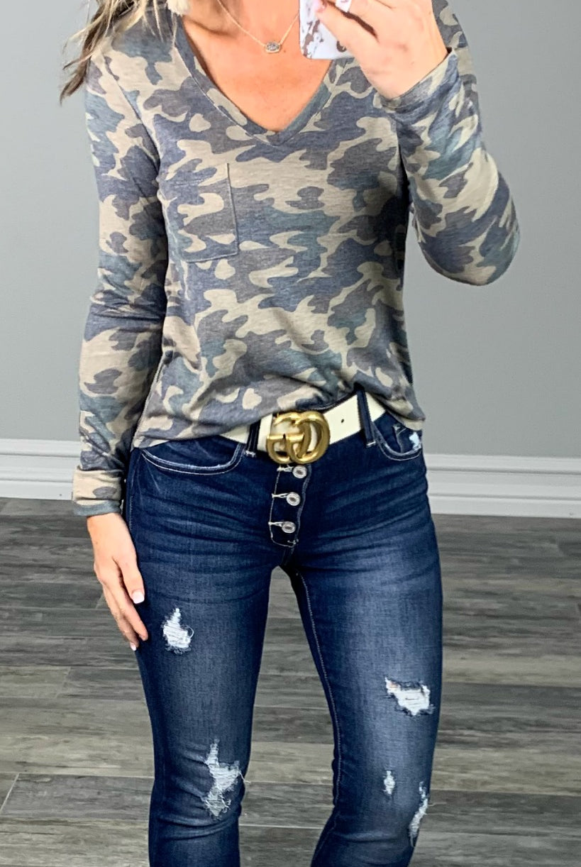 Casual in Camo Top: Olive-Top-privityboutique.com-Privity Boutique, Women’s Fashion Boutique in Mesa, Arizona