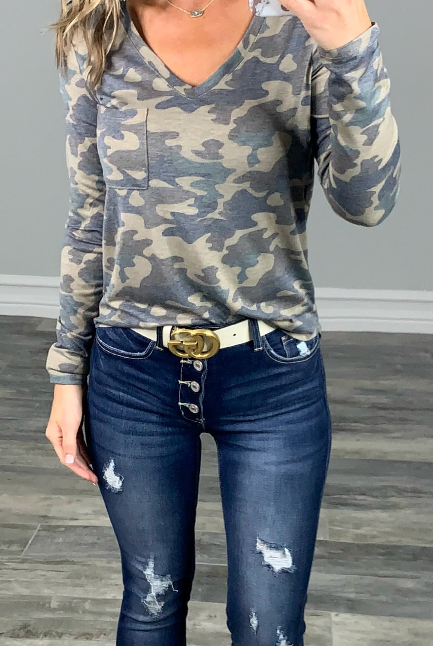 Casual in Camo Top: Olive-Top-privityboutique.com-Privity Boutique, Women’s Fashion Boutique in Mesa, Arizona