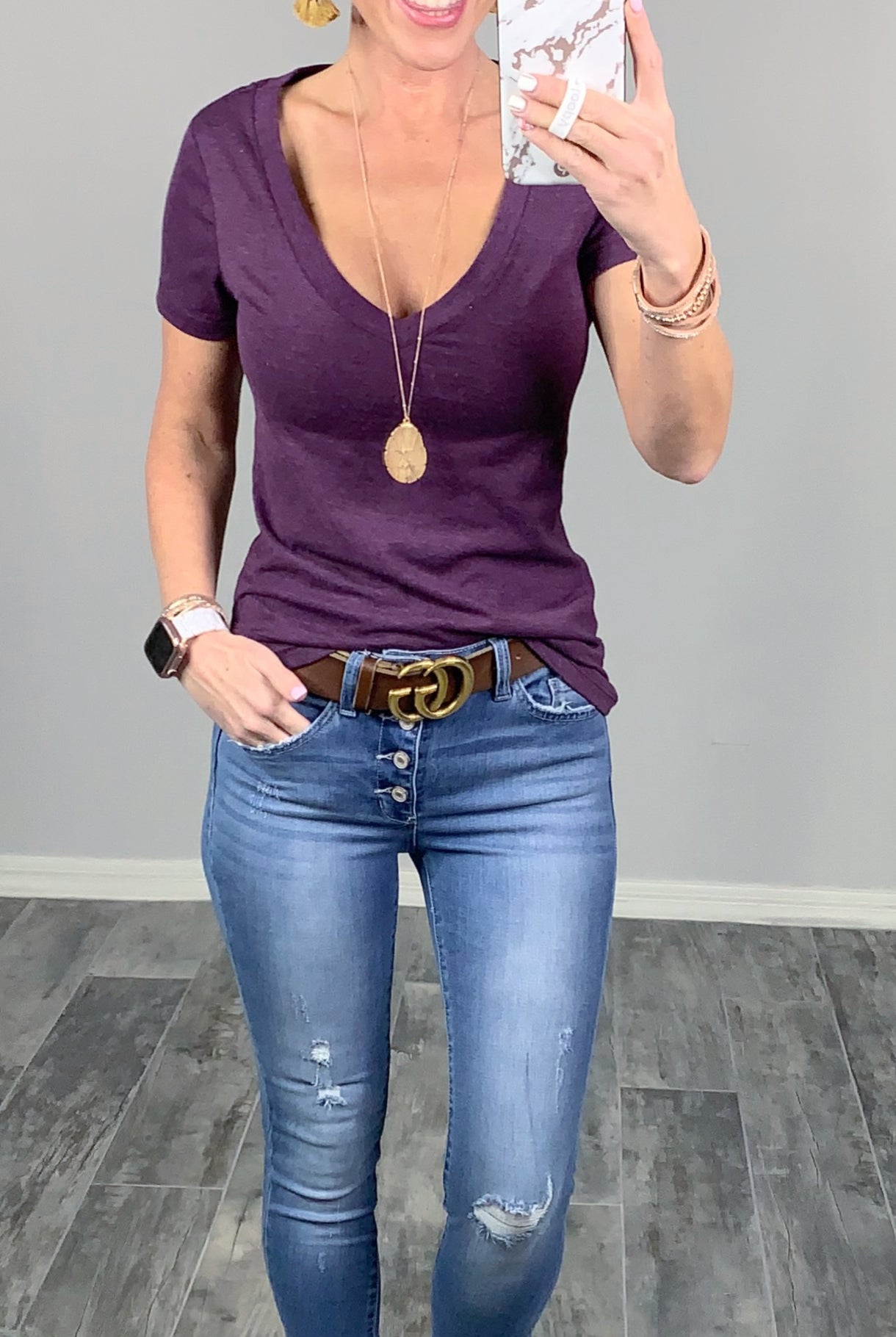 BASIC SHORT SLEEVE DEEP V TEE - PLUM-Top-privityboutique.com-Privity Boutique, Women’s Fashion Boutique in Mesa, Arizona