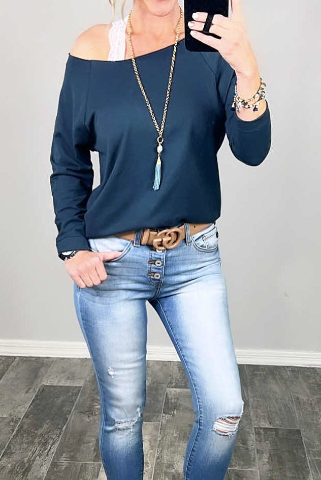 Raw Hem Off The Shoulder - Indigo-Top-privityboutique.com-Privity Boutique, Women’s Fashion Boutique in Mesa, Arizona