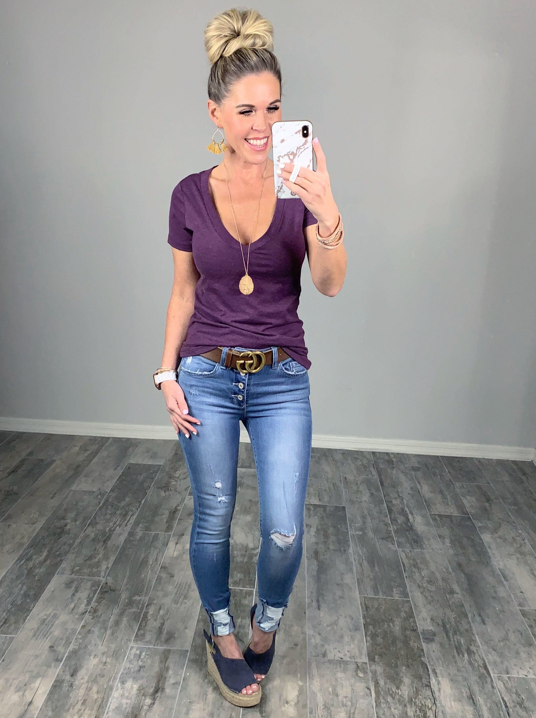 BASIC SHORT SLEEVE DEEP V TEE - PLUM-Top-privityboutique.com-Privity Boutique, Women’s Fashion Boutique in Mesa, Arizona