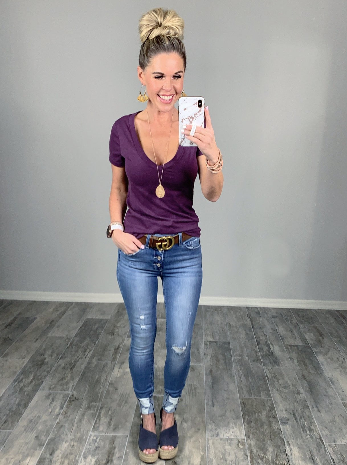 BASIC SHORT SLEEVE DEEP V TEE - PLUM-Top-privityboutique.com-Privity Boutique, Women’s Fashion Boutique in Mesa, Arizona