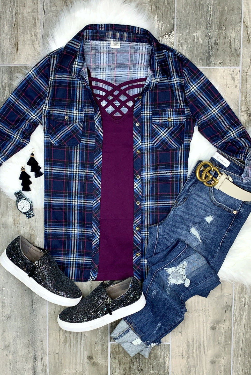 Penny Plaid Flannel Top - Navy/Plum-flannel-privityboutique-Privity Boutique, Women’s Fashion Boutique in Mesa, Arizona