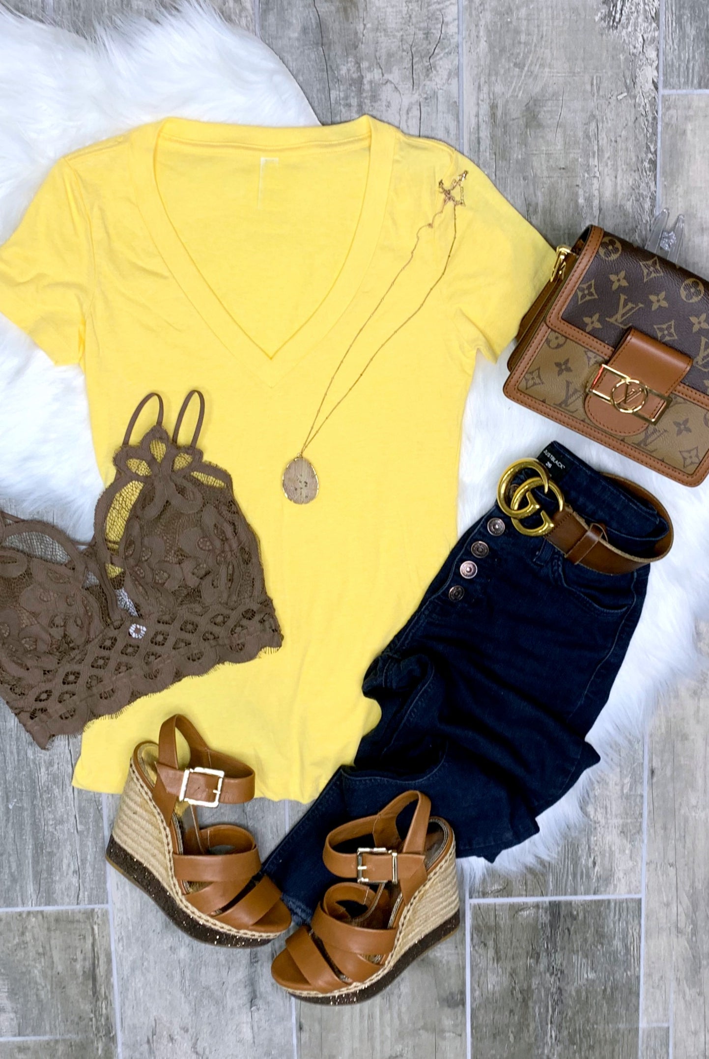 BASIC SHORT SLEEVE DEEP V TEE - YELLOW-Top-privityboutique.com-Privity Boutique, Women’s Fashion Boutique in Mesa, Arizona